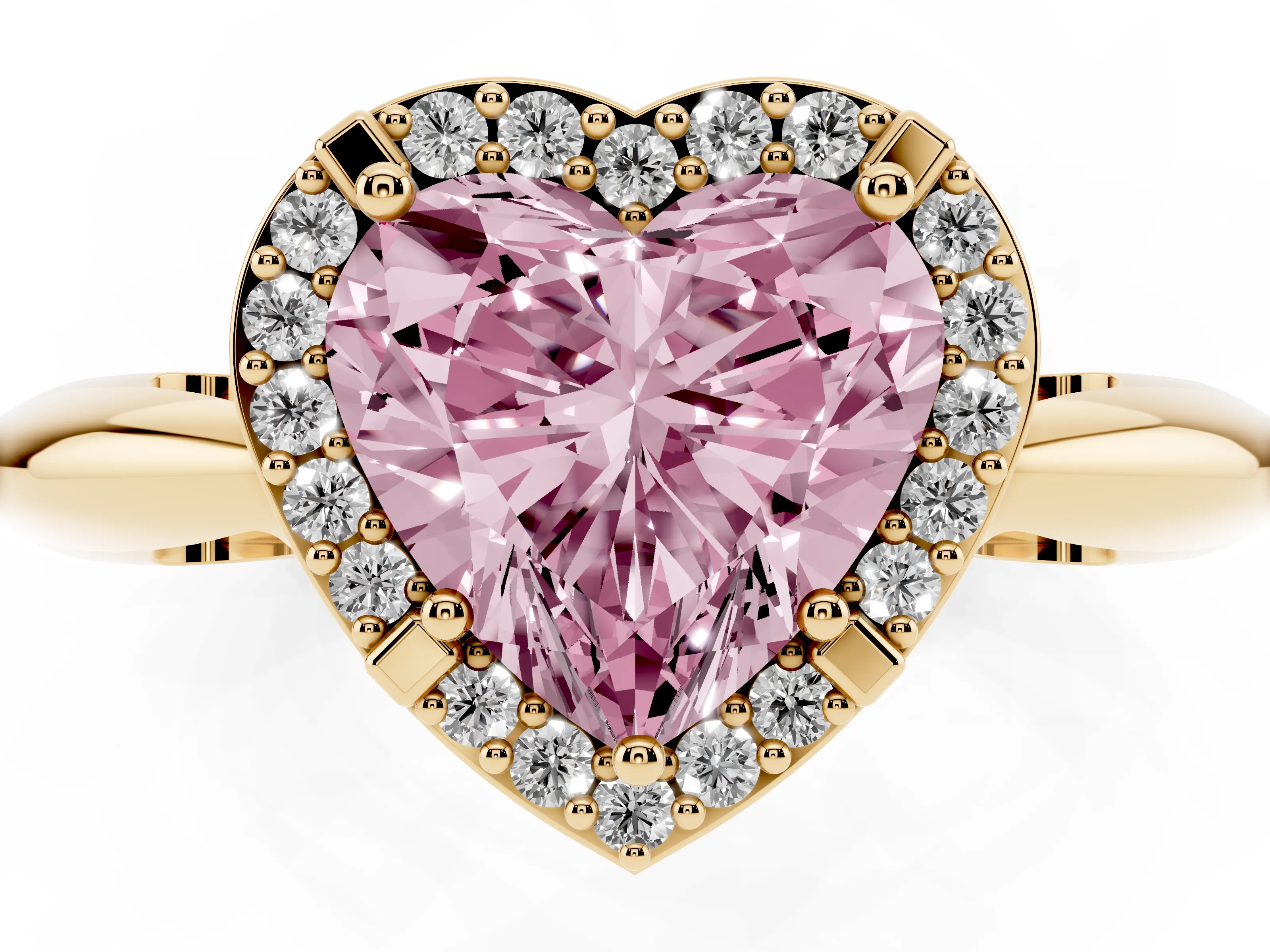 Fancy Pink Heart Cut Diamond Halo Engagement Ring Set in Yellow gold with Plain Split Shank and Prong Setting