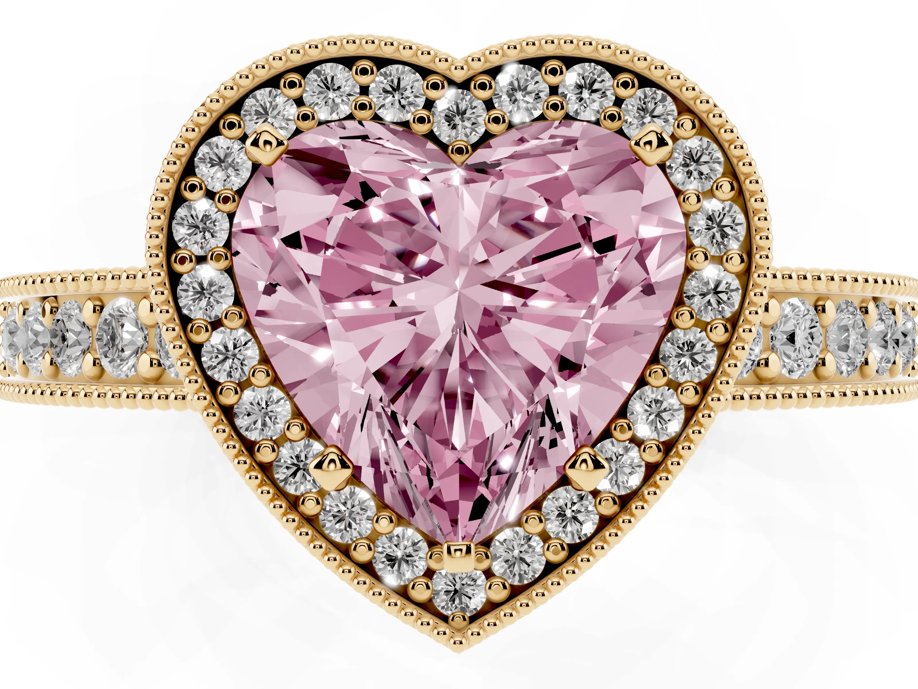 Fancy Pink Heart Cut Diamond Halo Pavé Band Ring Set in Yellow gold with Prong-Set Center