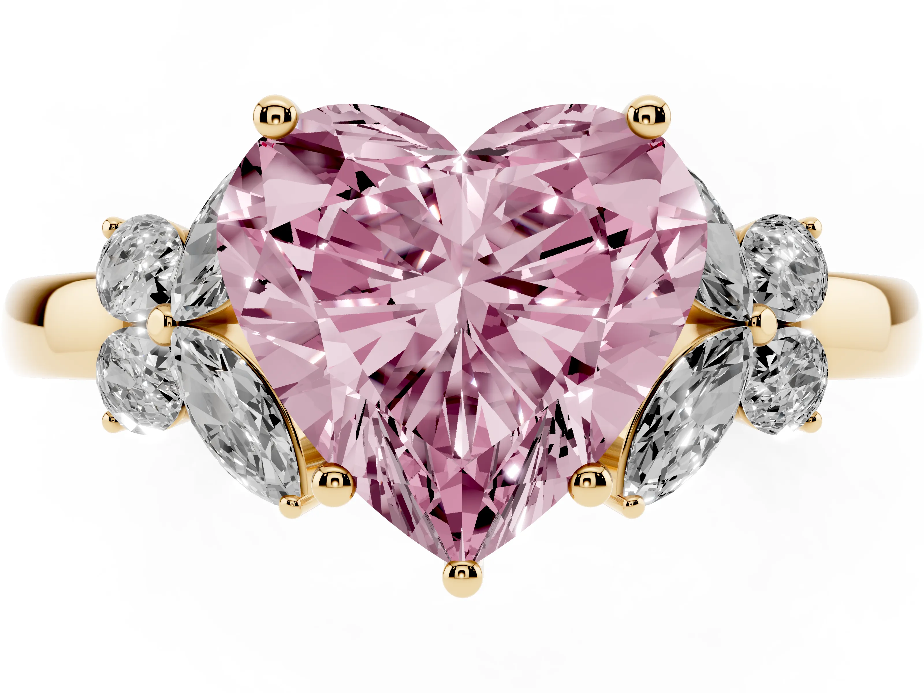 Fancy Pink Heart Cut Diamond Solitaire Floral Ring Set in Yellow gold with Marquise Petals and Prong Setting