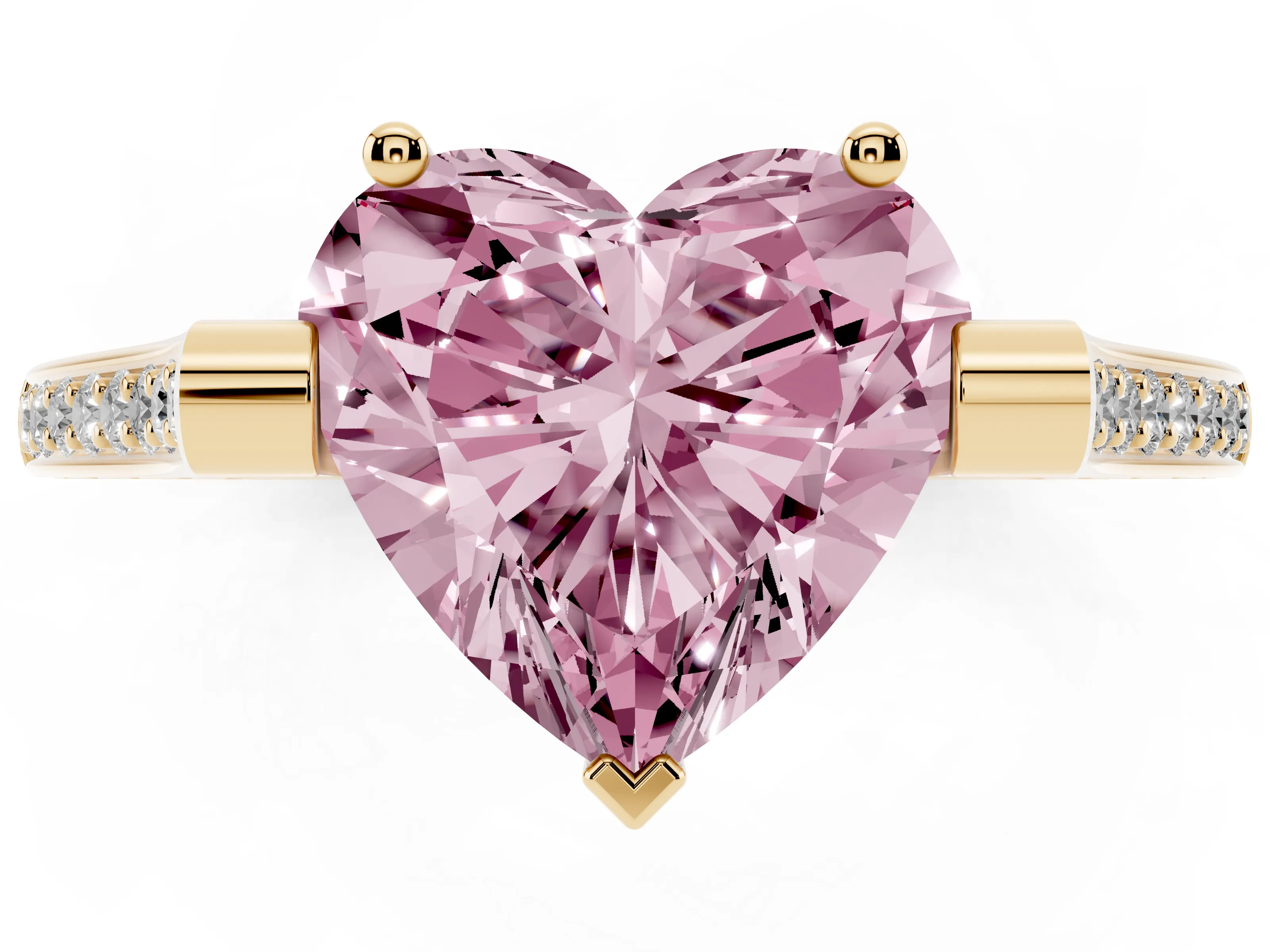 Fancy Pink Heart Cut Diamond Solitaire Ring Set in Yellow gold with Channel Set Band and Bezel Prong Setting