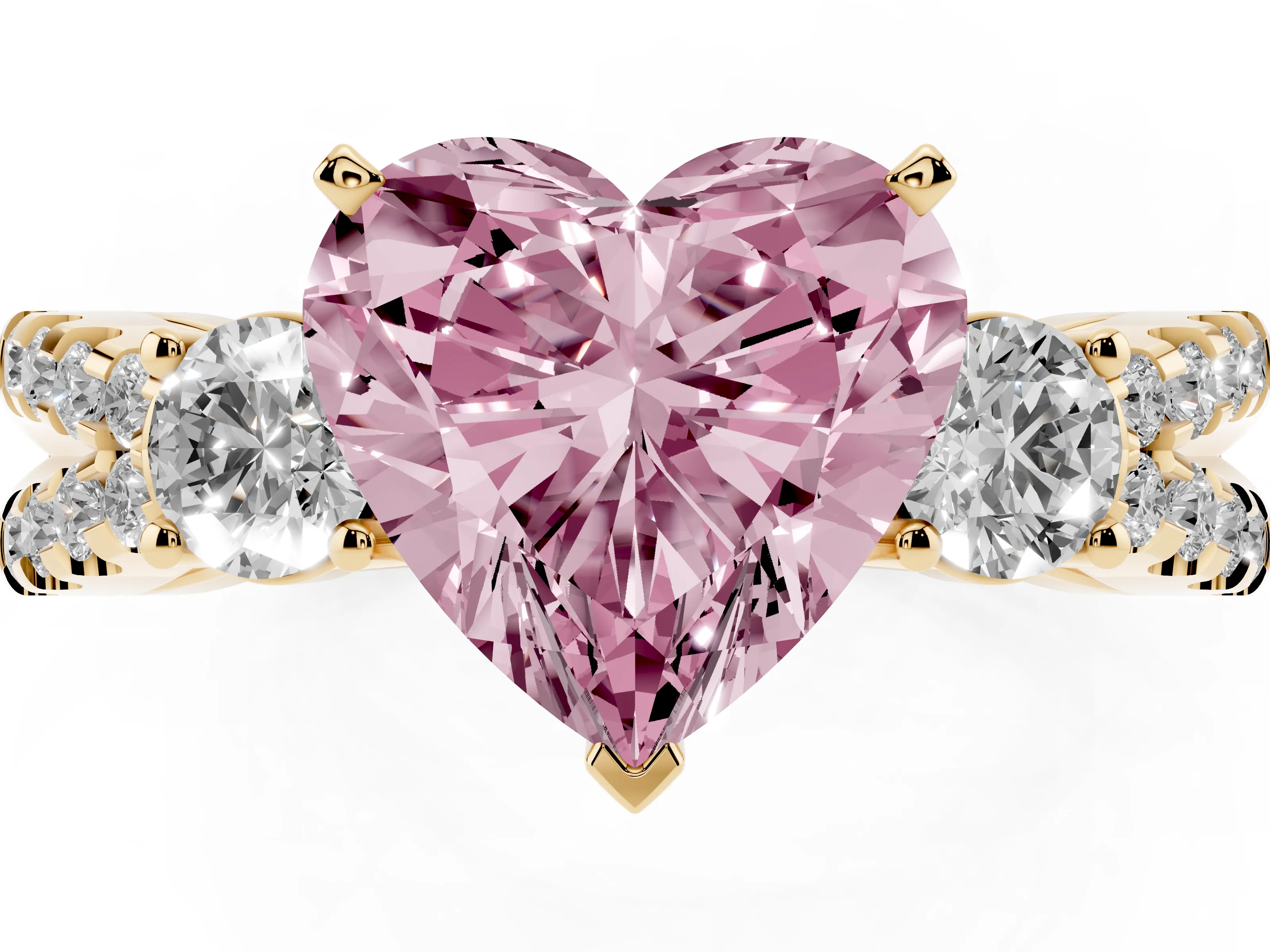 Fancy Pink Heart Cut Diamond Three-Stone Ring Set in Yellow gold with Pavé Split Shank and Prong Setting