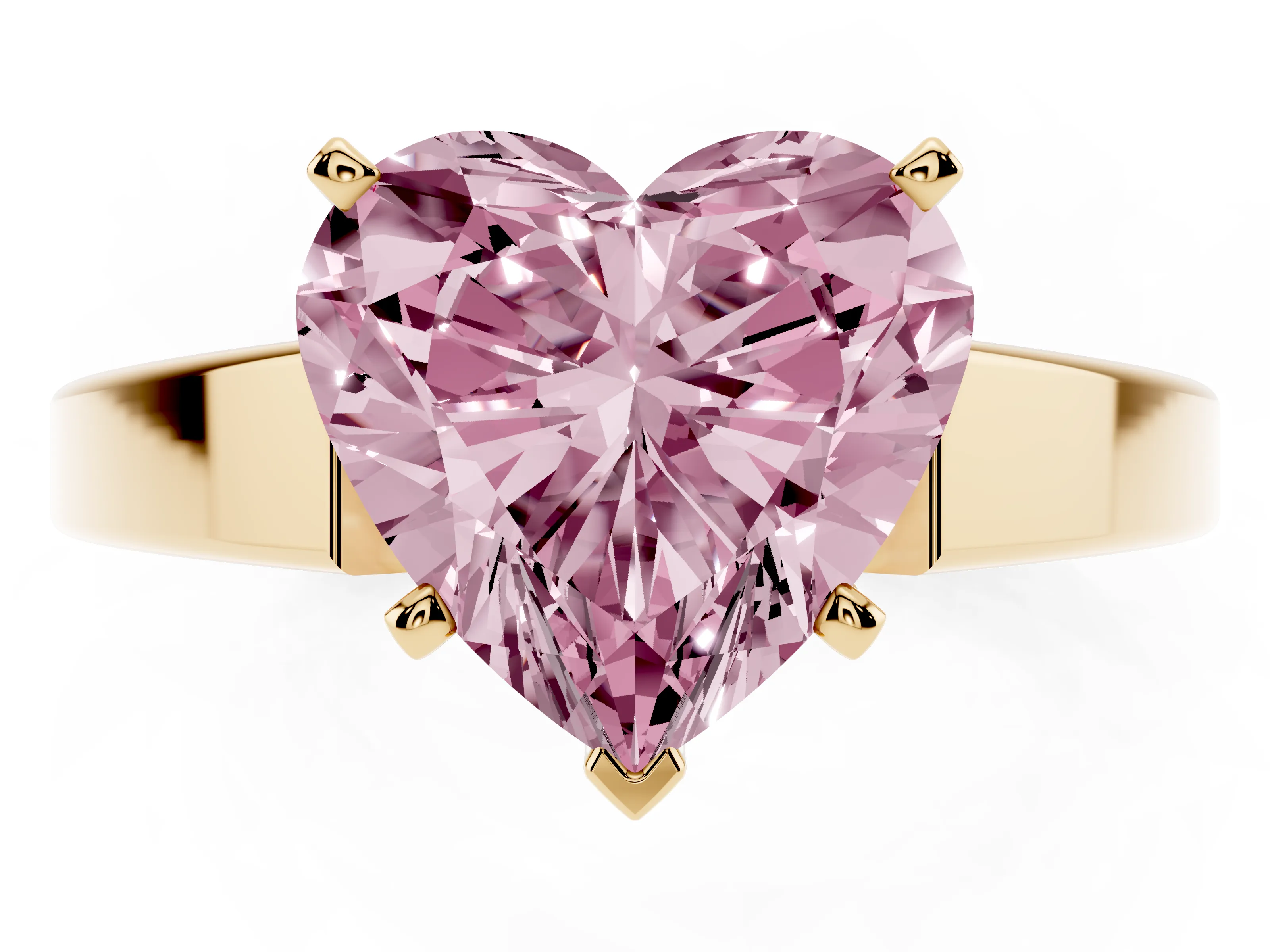 Fancy Pink Heart Cut Diamond Solitaire Engagement Ring Set in Yellow gold with Prong Setting and Tapered Band