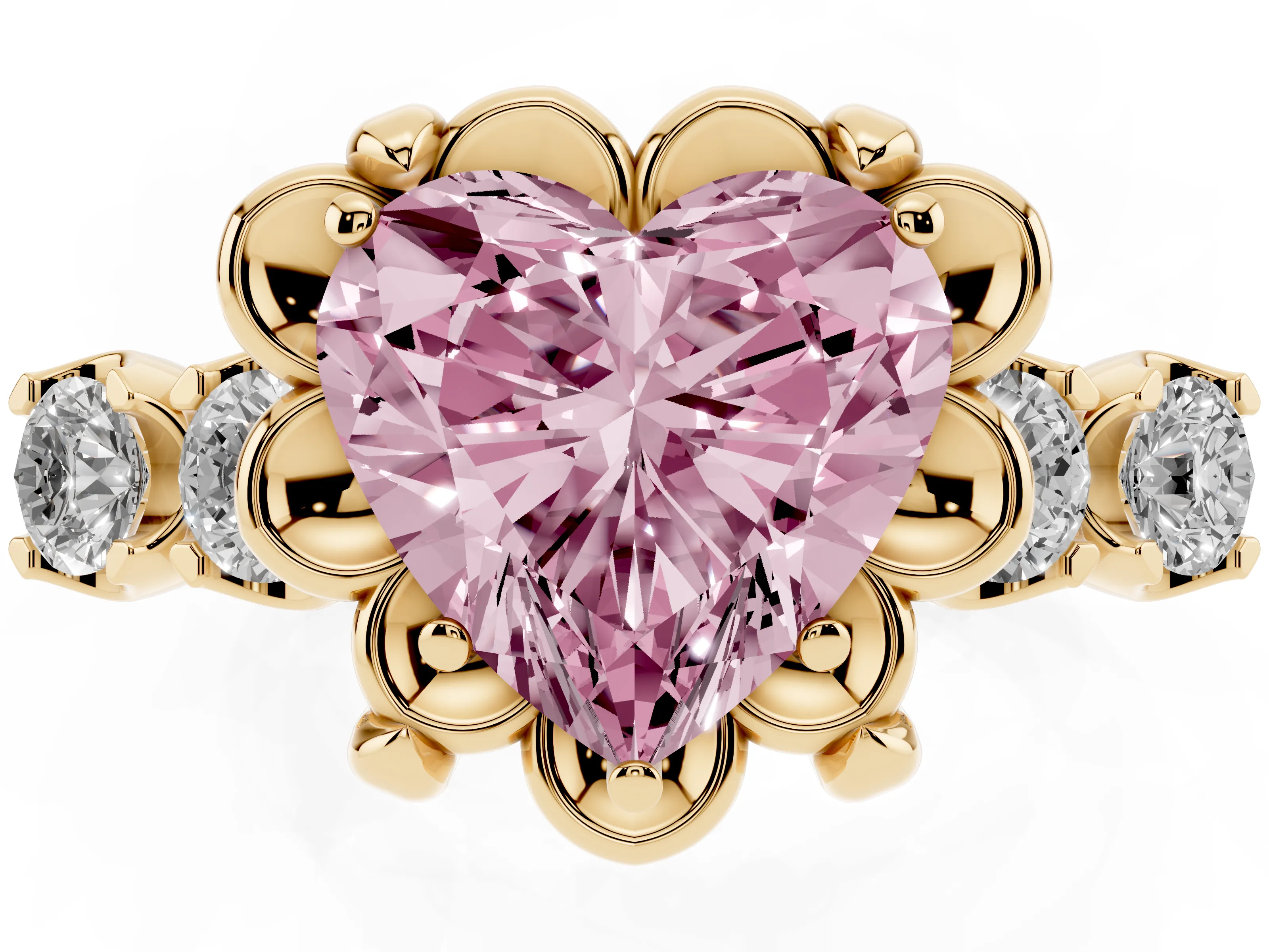 Fancy Pink Heart Cut Diamond Floral Halo Ring Set in Yellow gold with Shared Prong Band