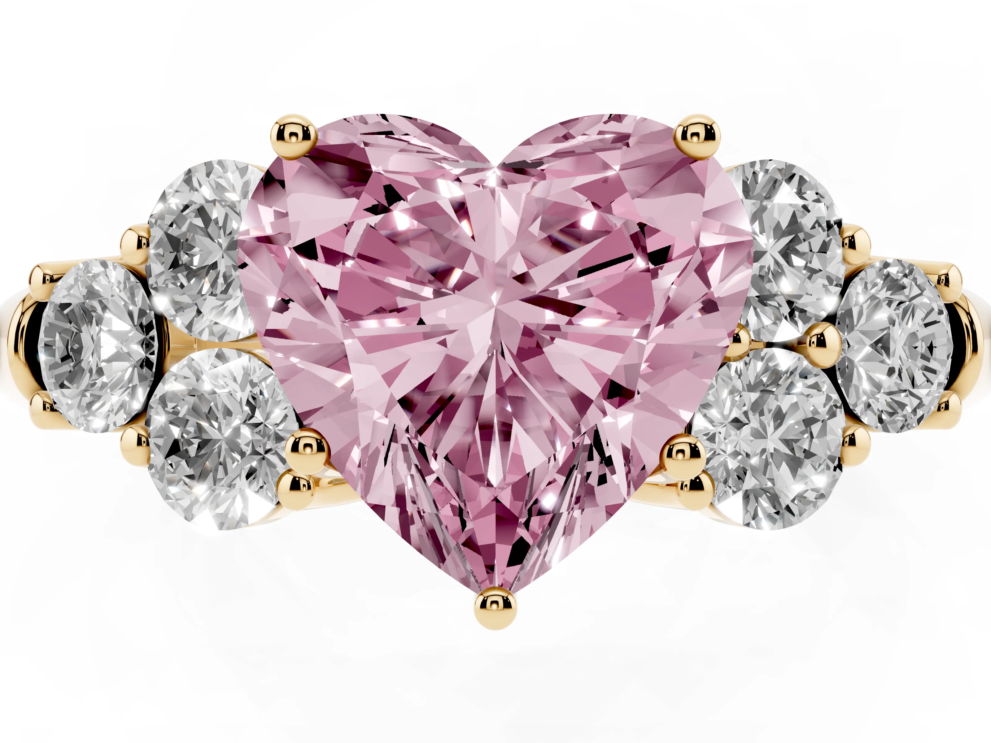 Fancy Pink Heart Cut Diamond Cluster Ring Set in Yellow gold with Round Accent Stones and Prong Setting on a Plain Band