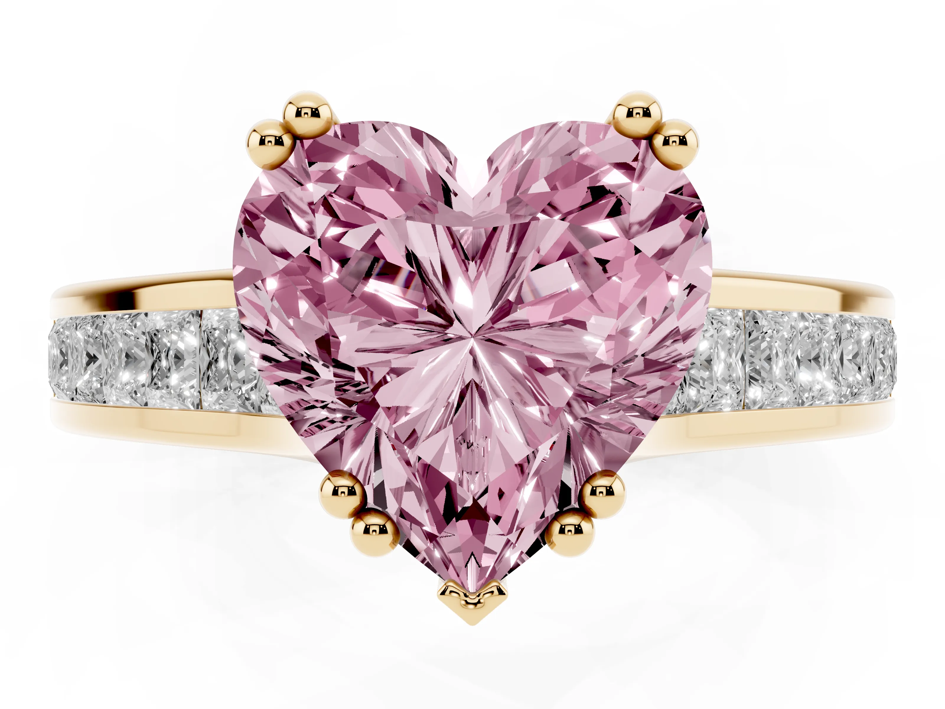 Fancy Pink Heart Cut Diamond Channel Set Solitaire Engagement Ring Set in Yellow gold with Prong Setting