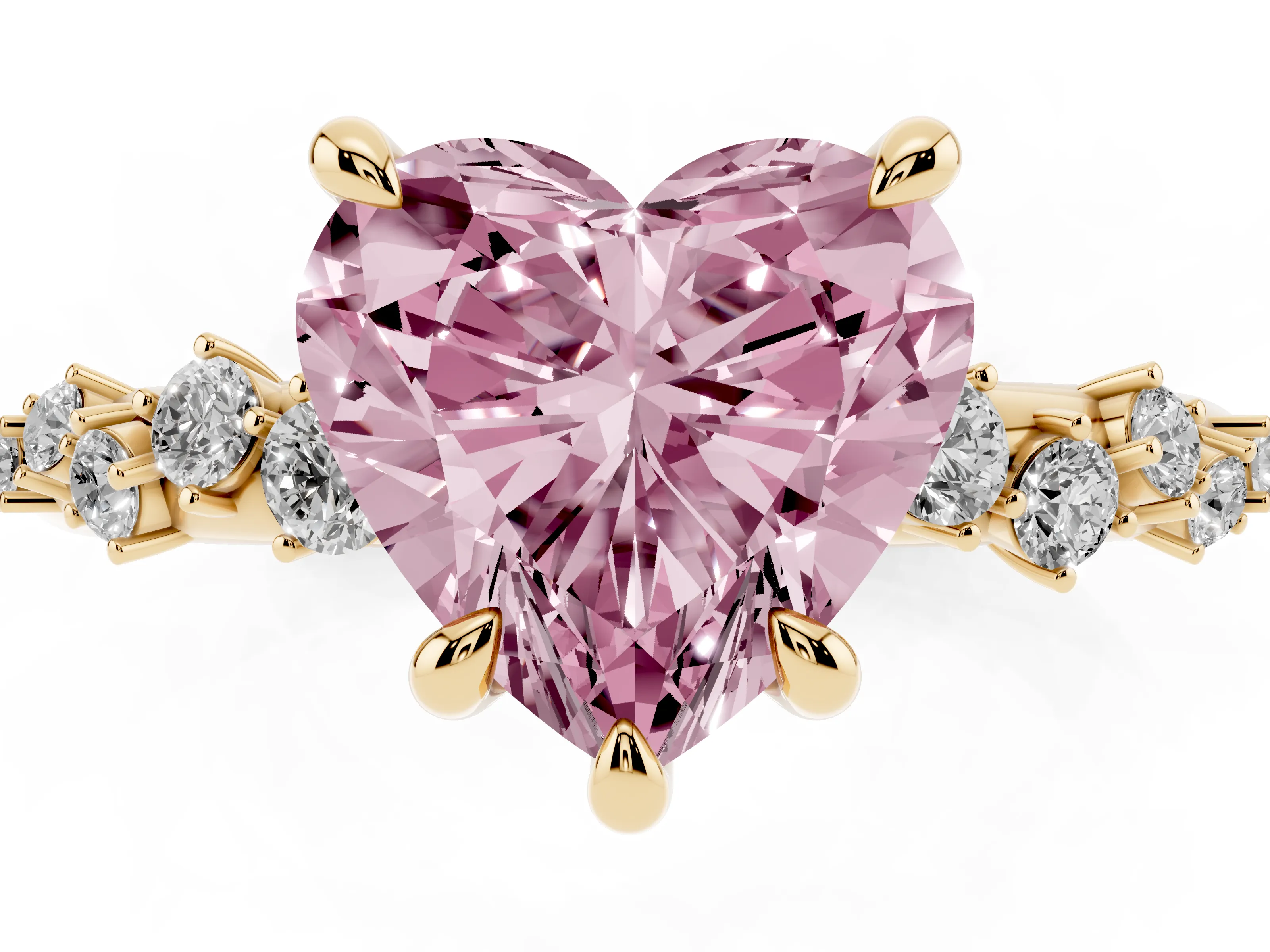 Fancy Pink Heart Cut Diamond Solitaire Vine Band Ring Set in Yellow gold with Round Accents and Prong Setting