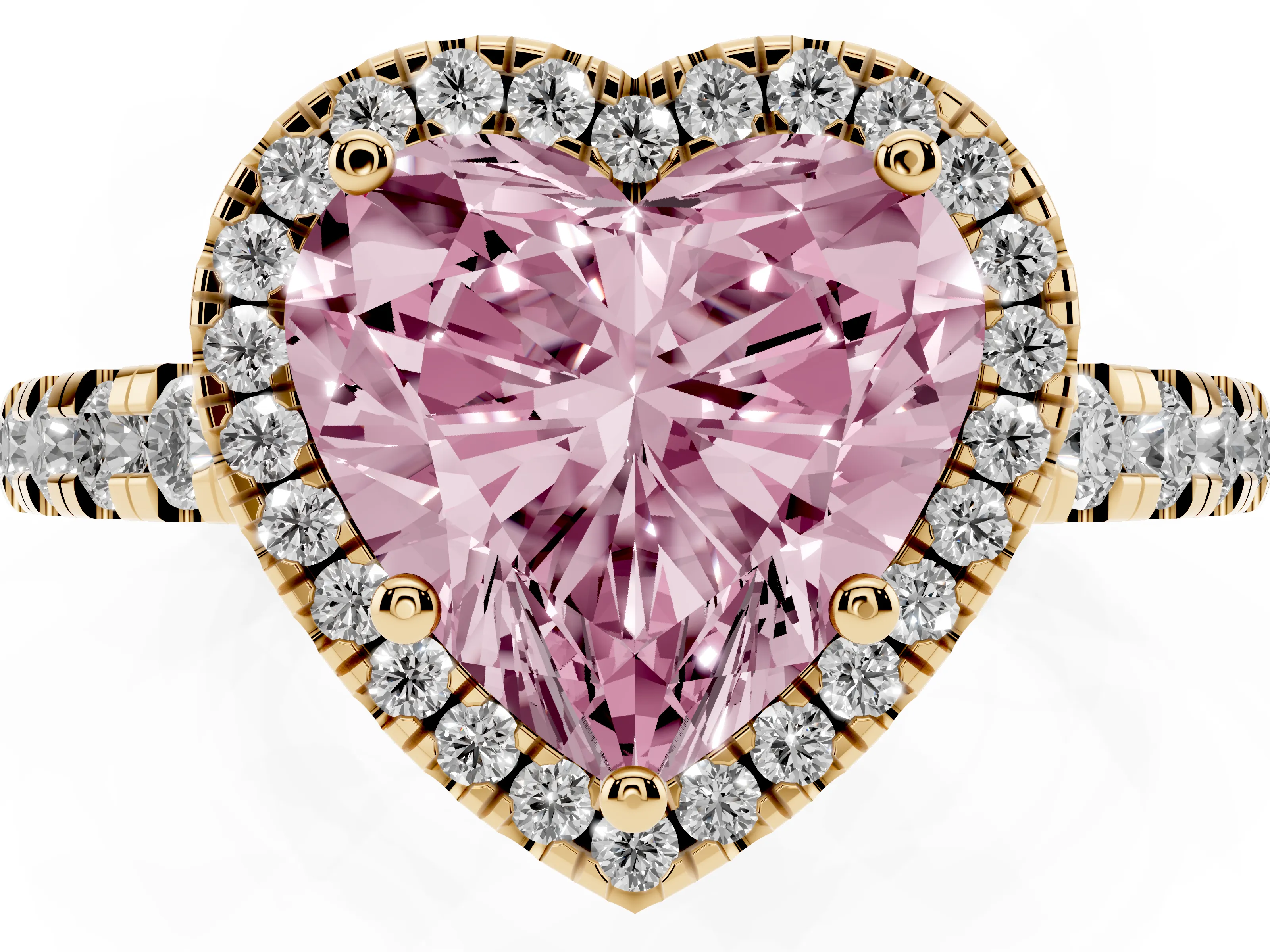 Fancy Pink Heart Cut Diamond Halo Ring Set in Yellow gold with Delicate Pavé Band and Prong Setting