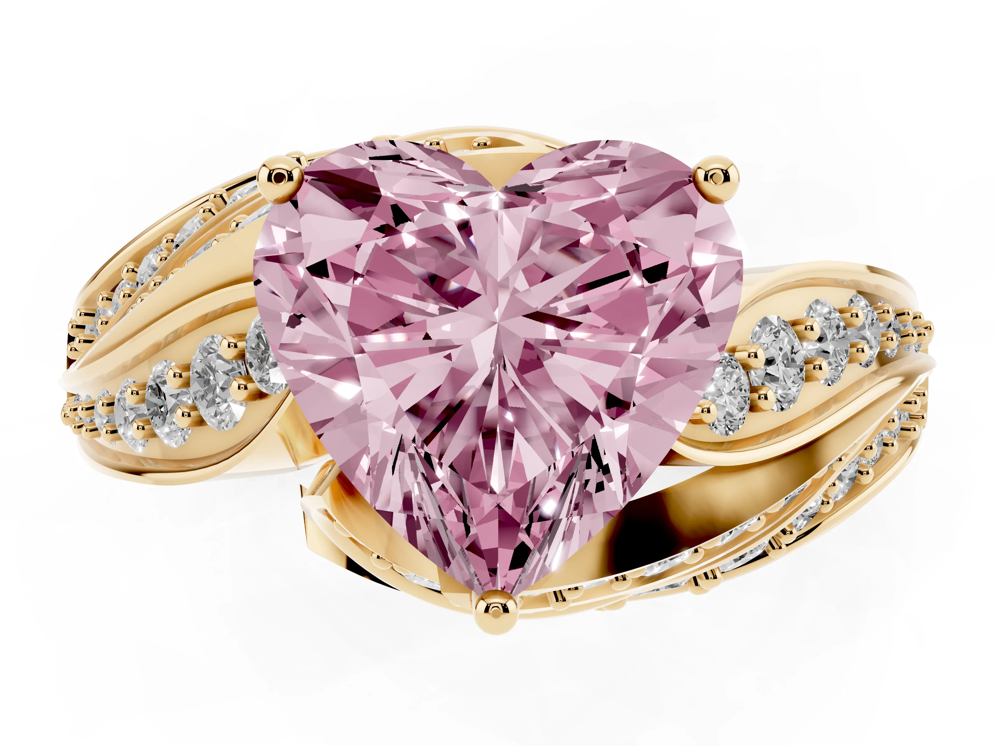 Fancy Pink Heart Cut Diamond Solitaire Ring Set in Yellow gold with Layered Twist Pavé Band