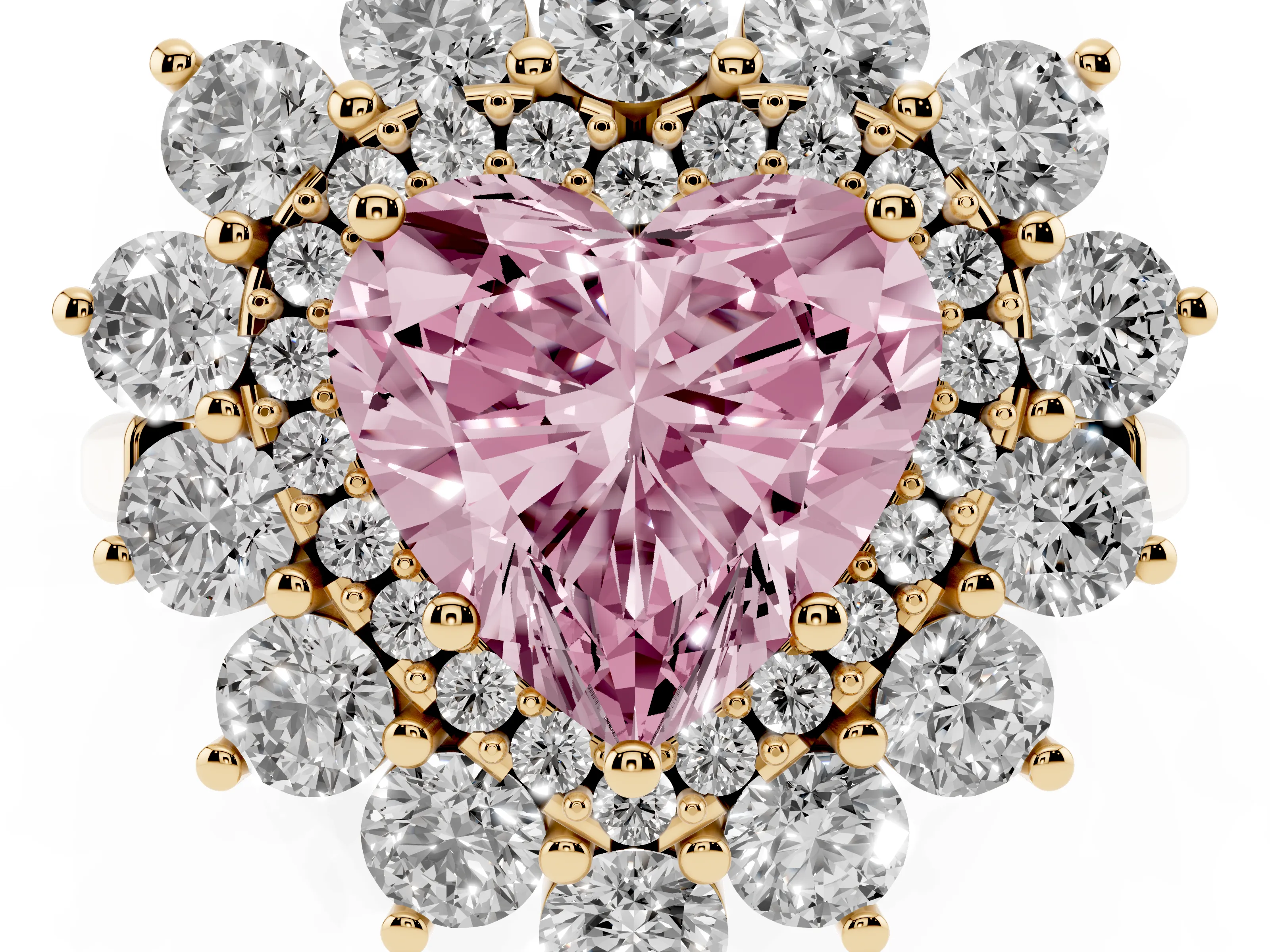 Fancy Pink Heart Cut Diamond Floral Double Halo Ring Set in Yellow gold with Round Petals