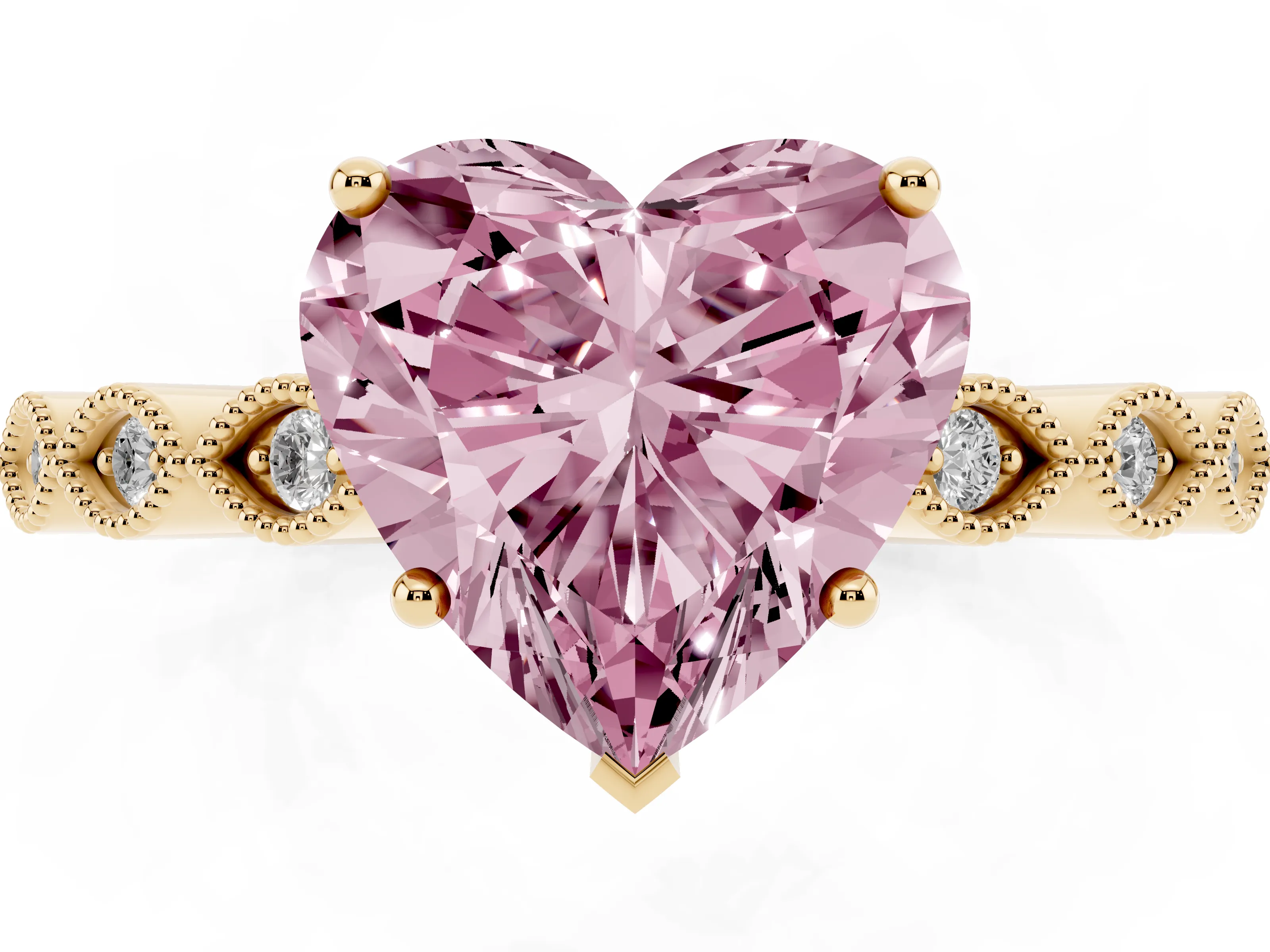 Fancy Pink Heart Cut Diamond Solitaire Ring Set in Yellow gold with Infinity Twist Pavé Band