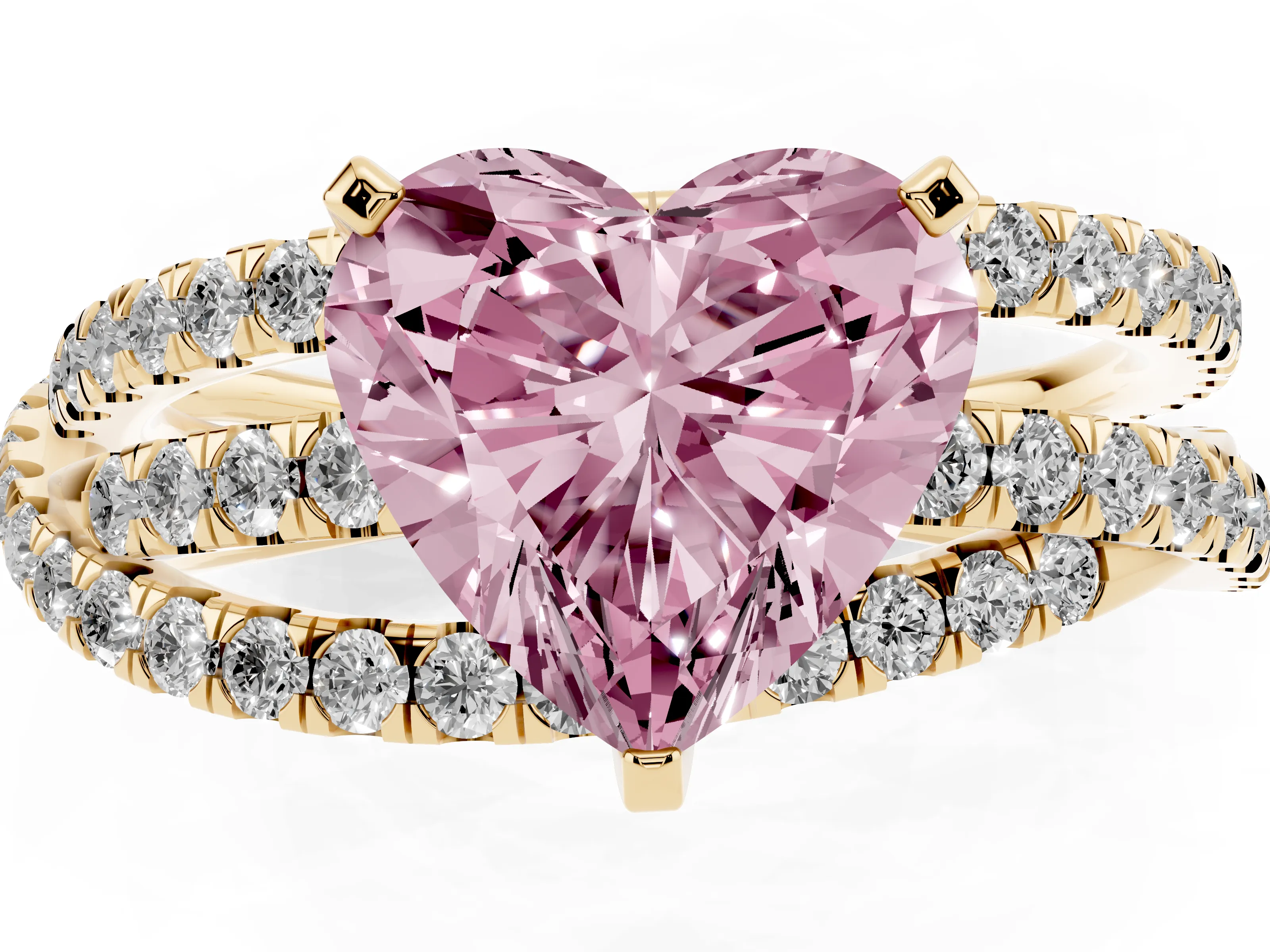 Fancy Pink Heart Cut Diamond Solitaire Twist Band Ring Set in Yellow gold with Pavé Setting and Prong Head