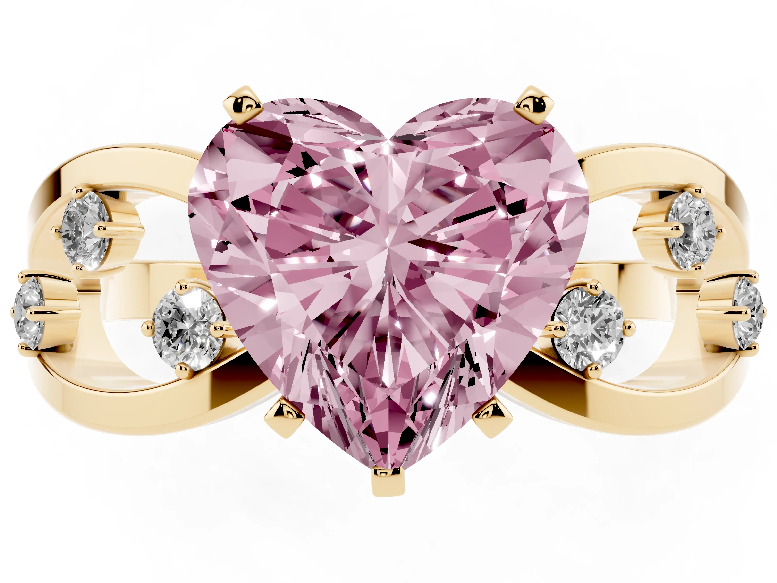 Fancy Pink Heart Cut Diamond Solitaire Ring Set in Yellow gold with Side Stones on Criss-Cross Band and Prong Setting