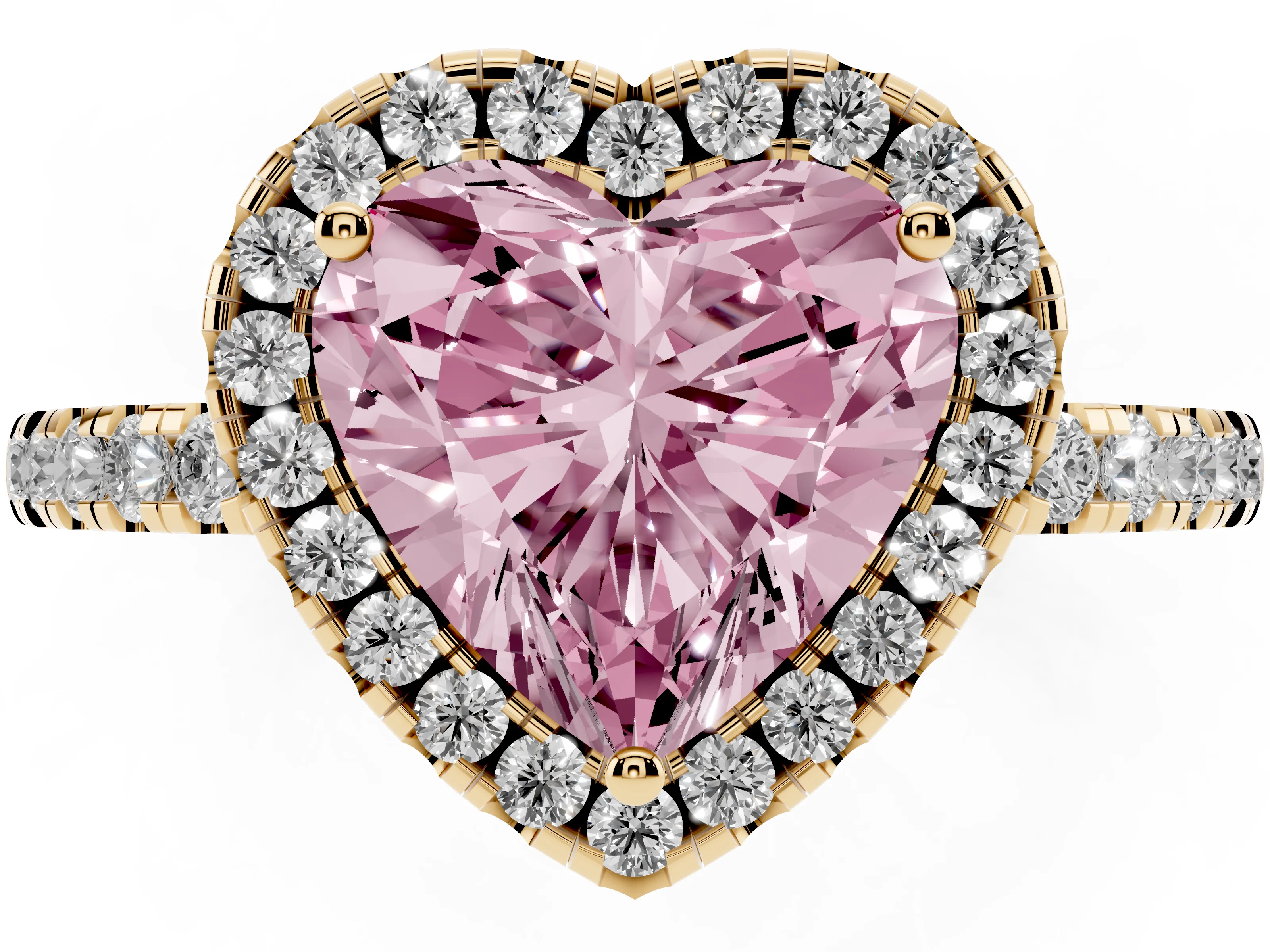 Fancy Pink Heart Cut Diamond Pavé Band Halo Engagement Ring Set in Yellow gold with Prong Setting