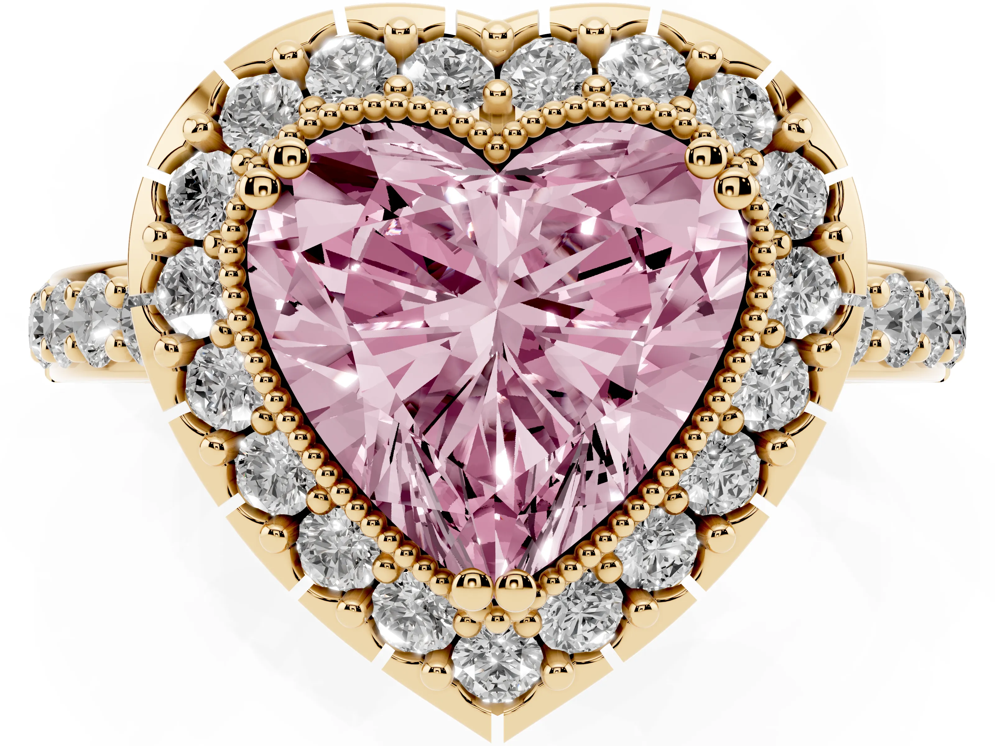 Fancy Pink Heart Cut Diamond Halo Ring Set in Yellow gold with Pavé Shank and Prong Setting