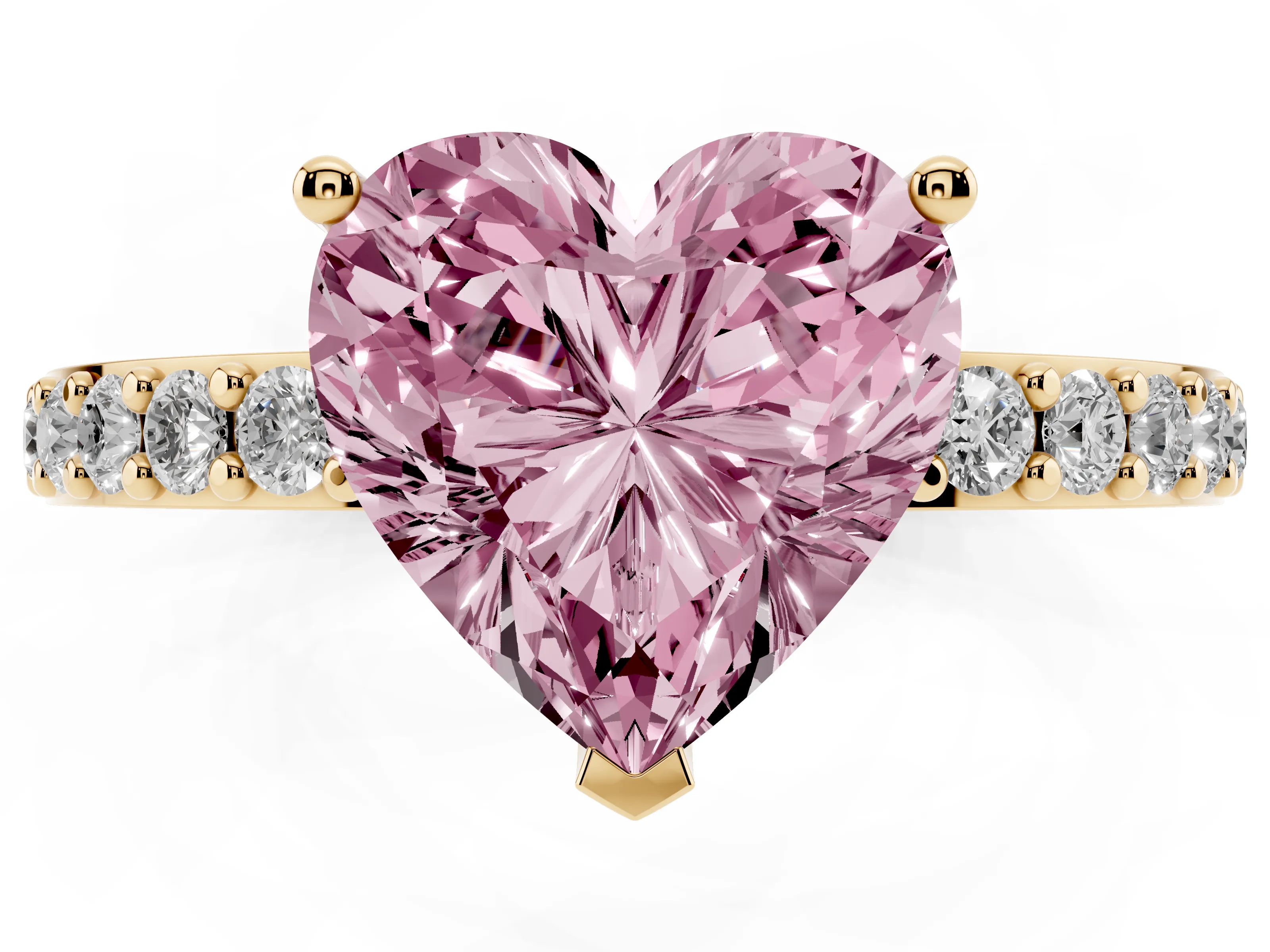 Fancy Pink Heart Cut Diamond Solitaire Set in Yellow gold with Round Pavé Band and Prong Setting
