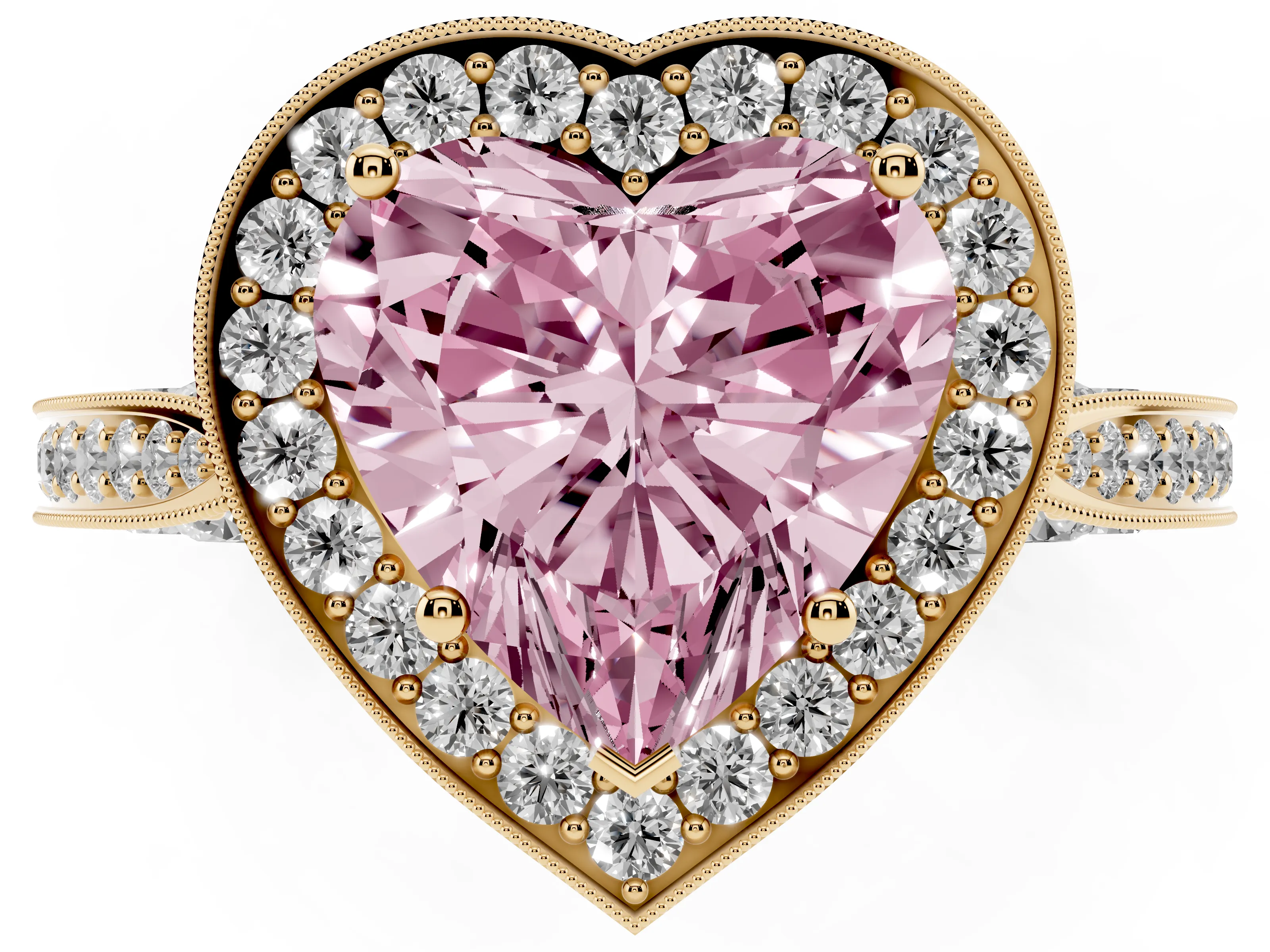 Fancy Pink Heart Cut Diamond Halo Engagement Ring Set in Yellow gold with Accent Split Shank Band