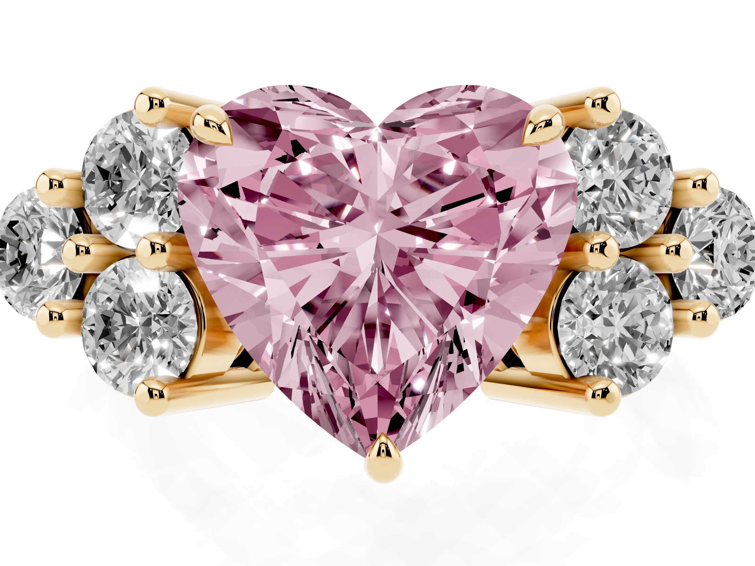 Fancy Pink Heart Cut Diamond Solitaire Ring Set in Yellow gold with Cluster Accents on Each Side