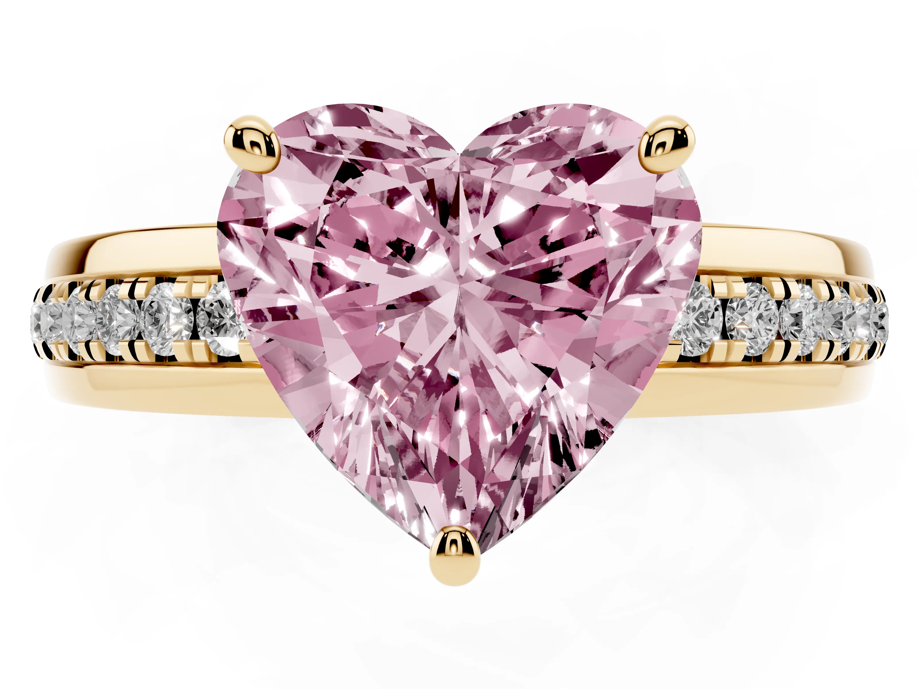 Fancy Pink Heart Cut Diamond Solitaire Ring Set in Yellow gold with Channel Set Band and Prong Setting