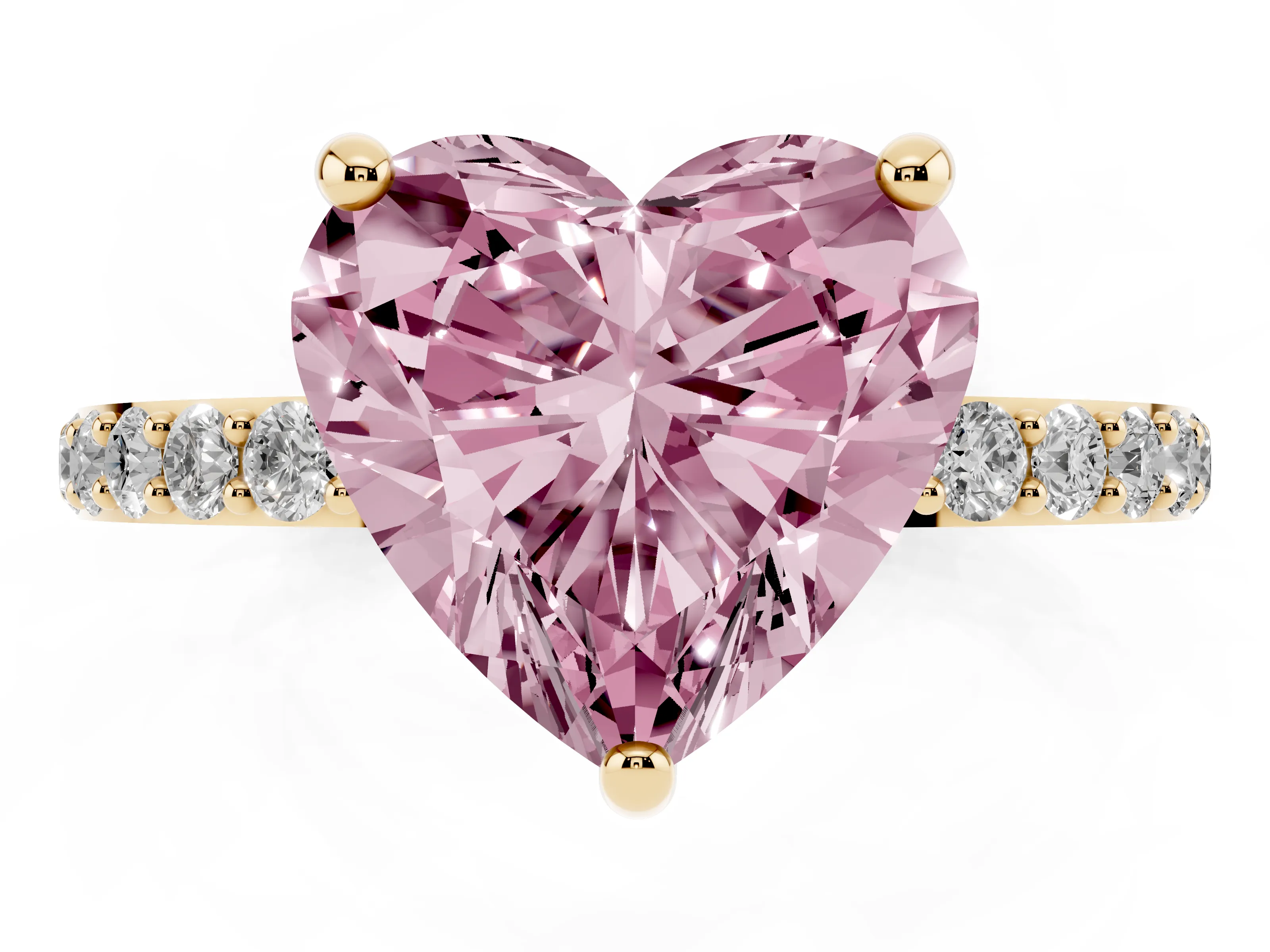 Fancy Pink Heart Cut Diamond Solitaire Ring Set in Yellow gold with Round Pavé Band and Prong Setting