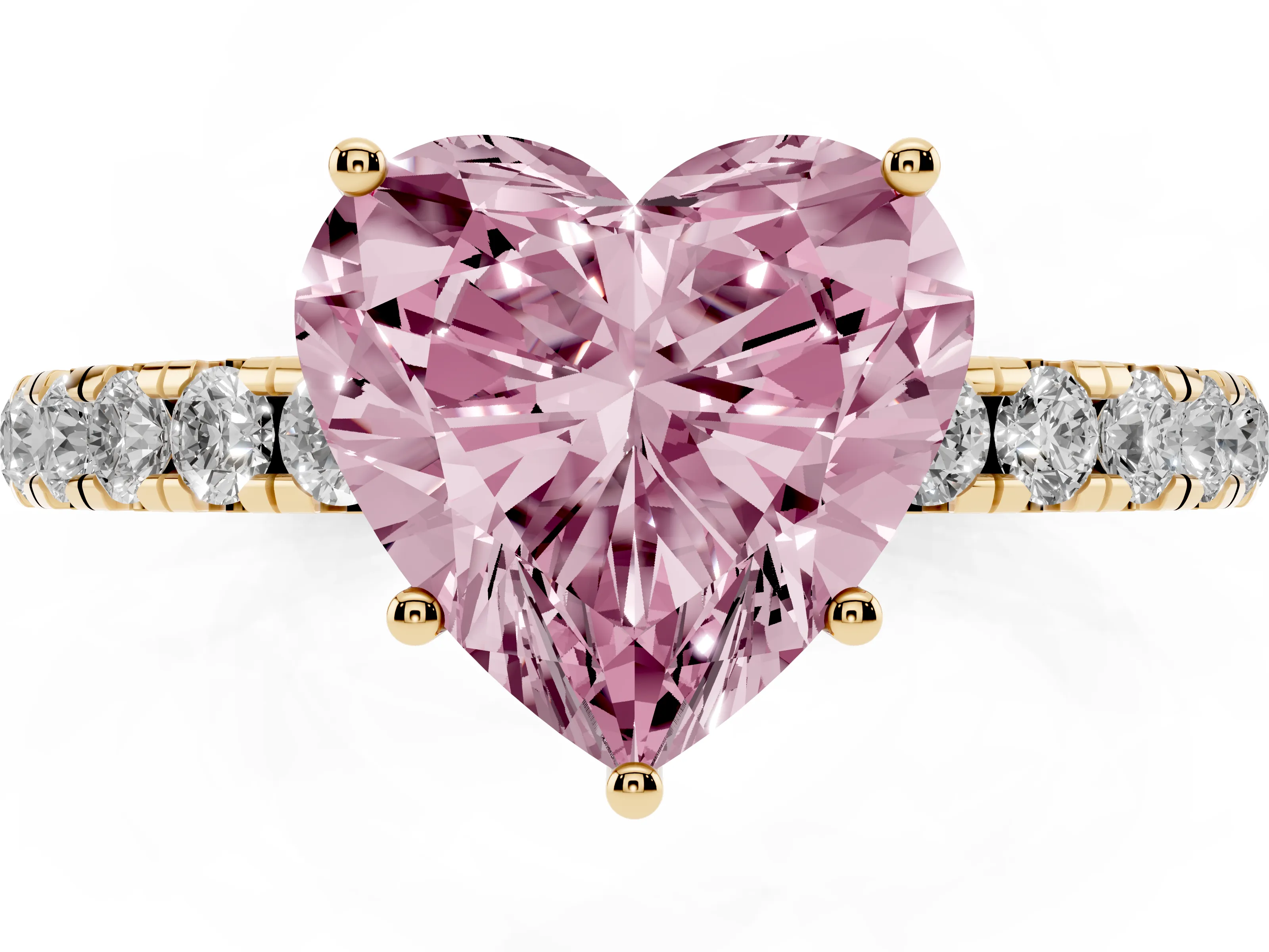 Fancy Pink Heart Cut Diamond Pavé Solitaire Engagement Ring Set in Yellow gold with Prong Setting