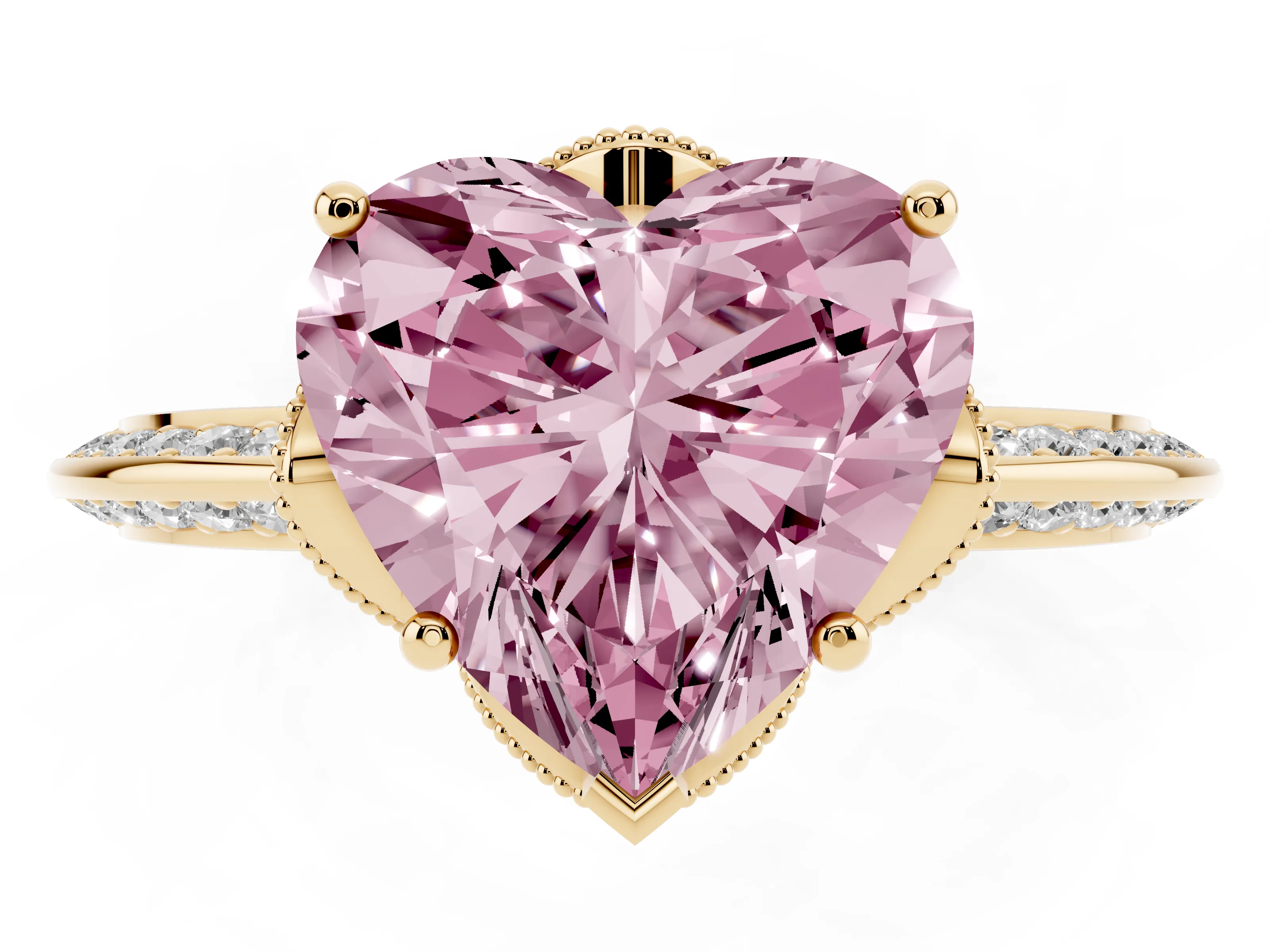 Fancy Pink Heart Cut Diamond Solitaire Engagement Ring Set in Yellow gold with Pavé Split Shank and Prong Setting