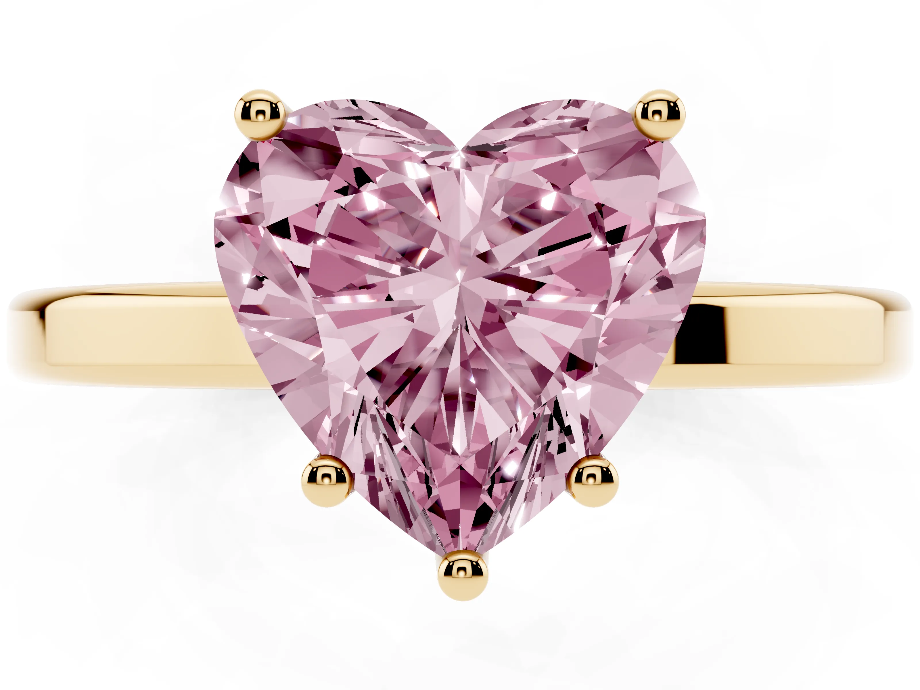 Fancy Pink Heart Cut Diamond Solitaire Engagement Ring Set in Yellow gold with Prong Setting on a Plain Band