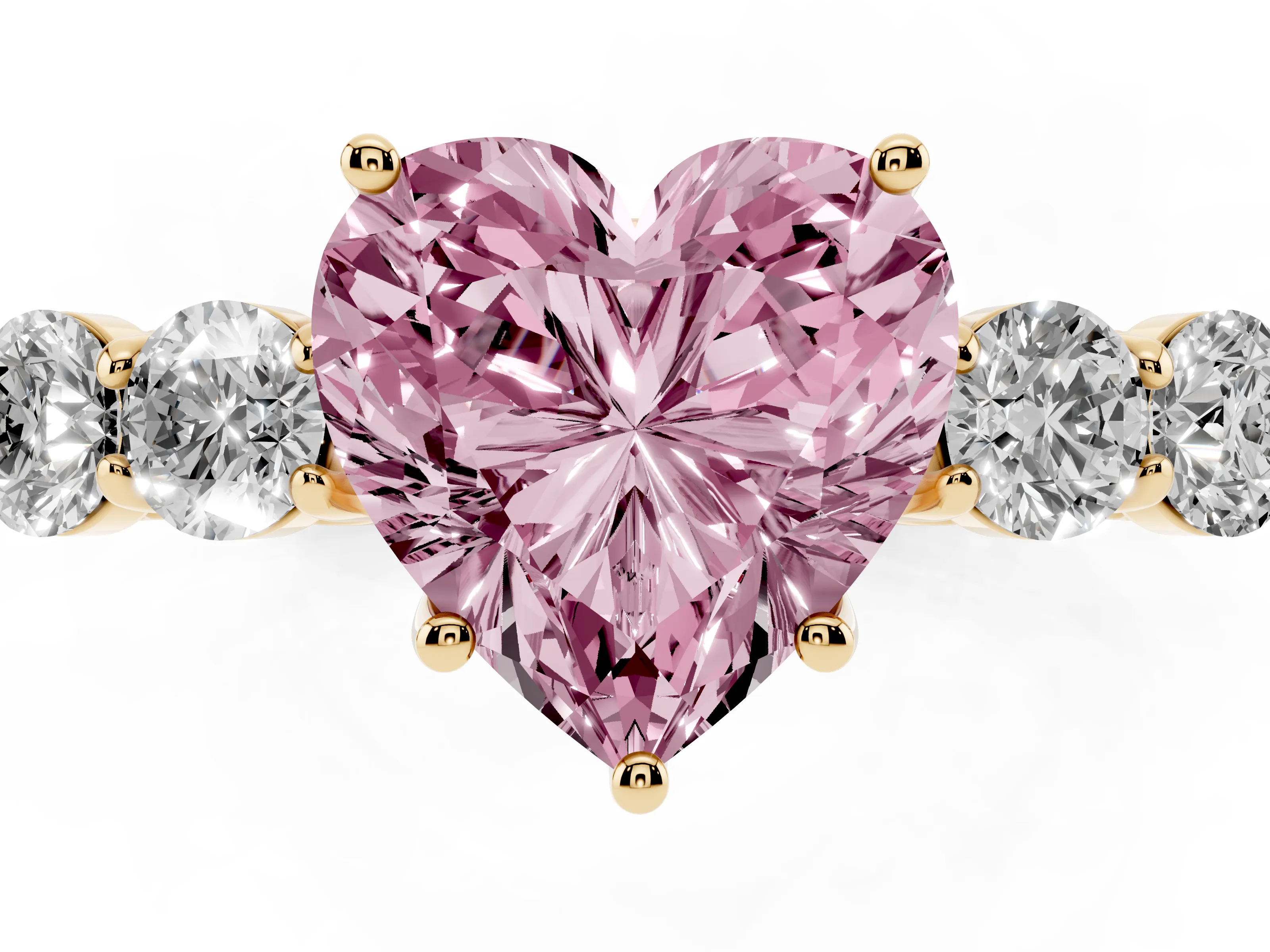 Fancy Pink Heart Cut Diamond Five-Stone Prong Set Band Ring Set in Yellow gold with Polished Band