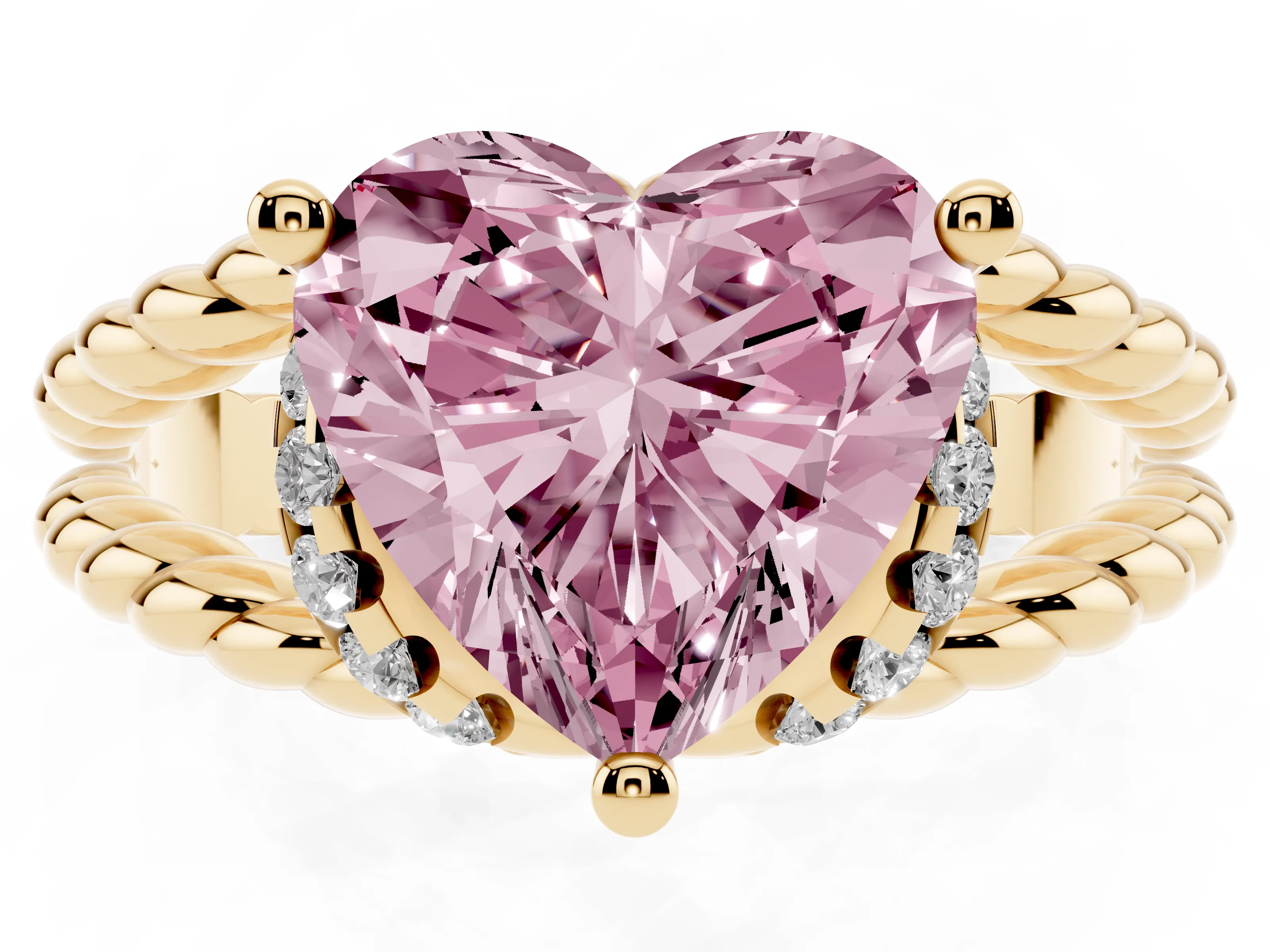 Fancy Pink Heart Cut Diamond Halo Ring Set in Yellow gold with Twisted Band and Prong Setting