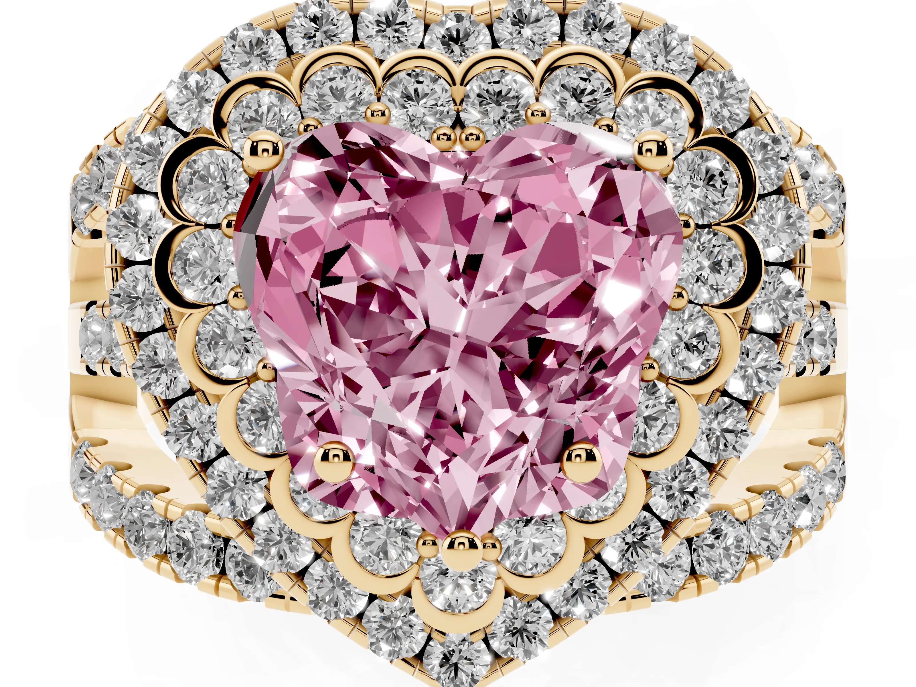 Fancy Pink Heart Cut Diamond Double Halo Ring Set in Yellow gold with Round Pavé Split Shank