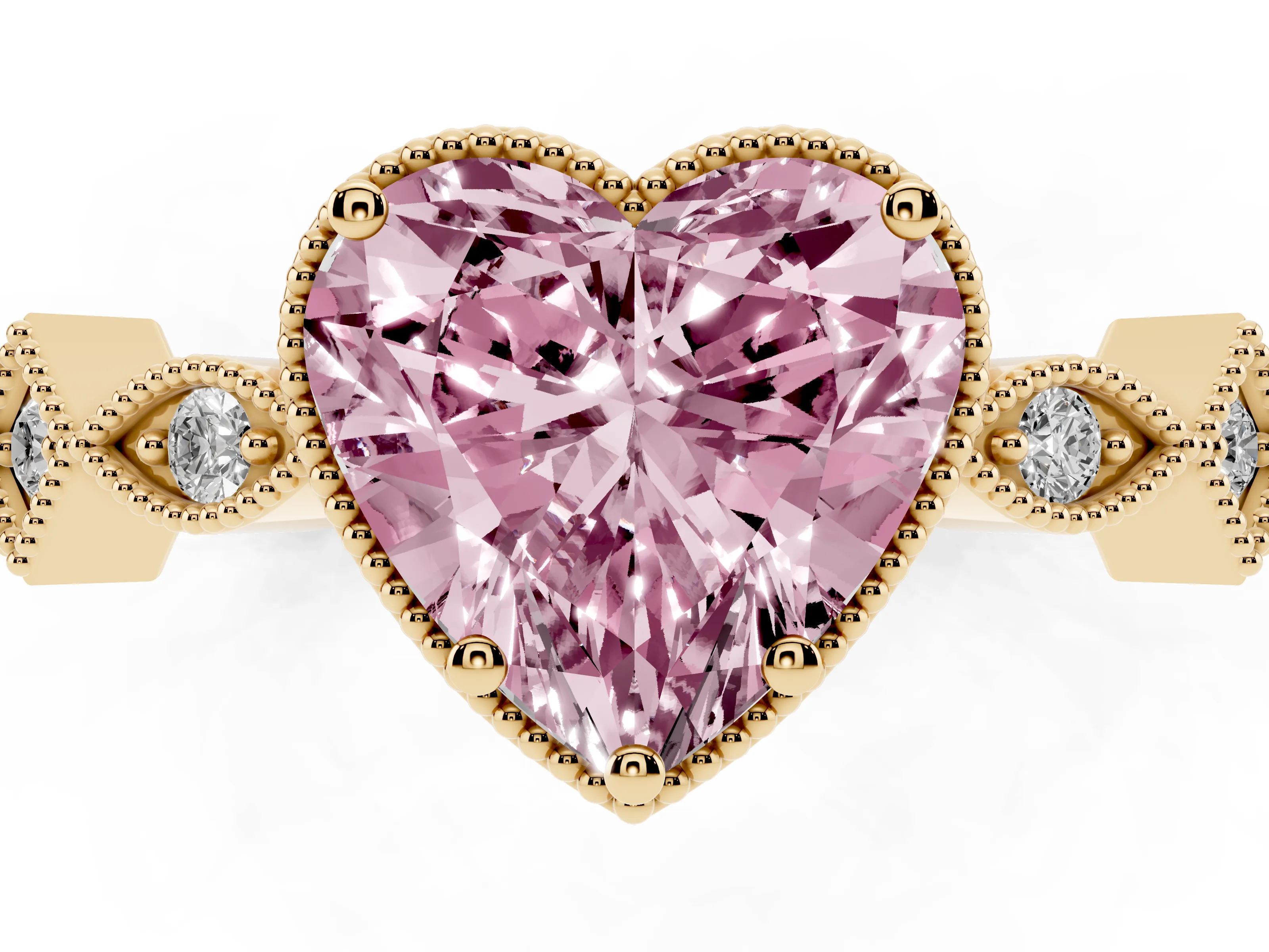 Fancy Pink Heart Cut Diamond Milgrain Marquise Twist Band Ring Set in Yellow gold with Prong Setting