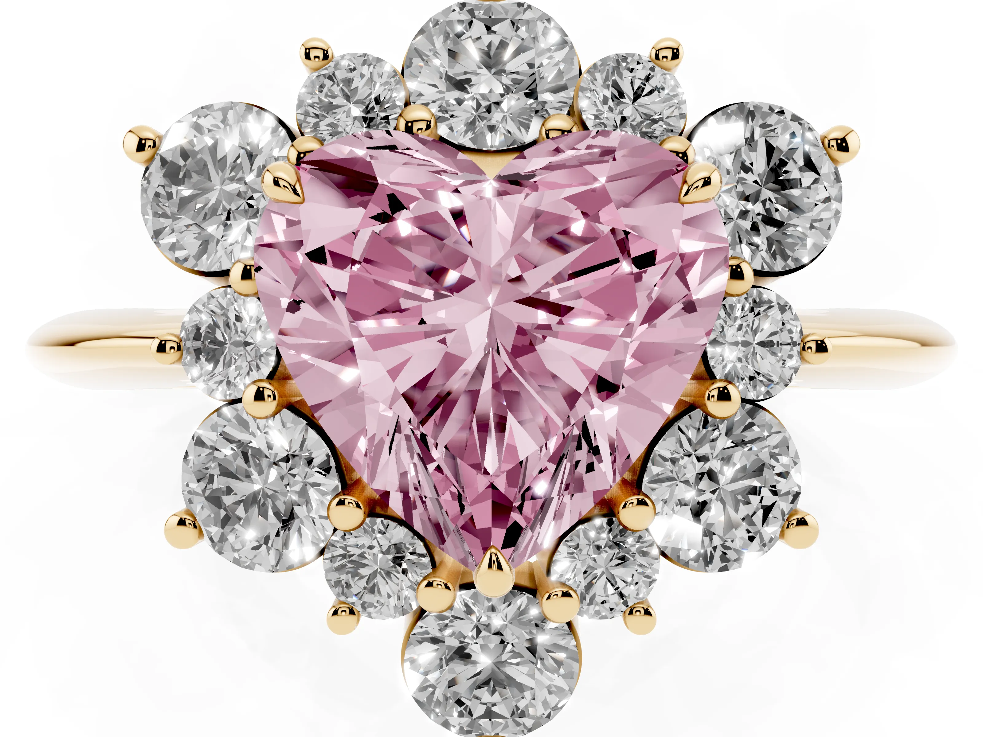 Fancy Pink Heart Cut Diamond Cluster Halo Ring Set in Yellow gold with Solitaire Band and Prong Setting