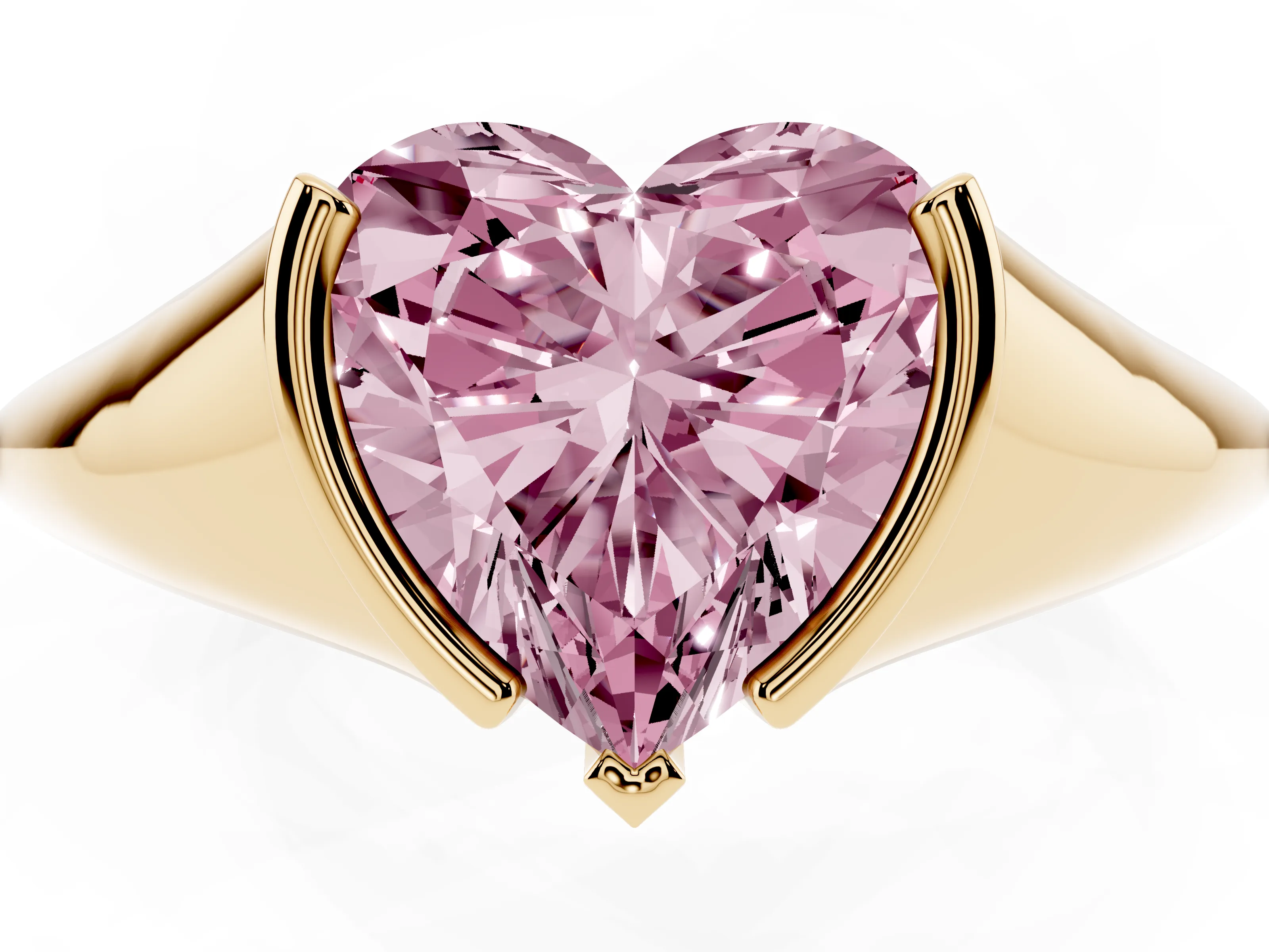 Fancy Pink Heart Cut Diamond Solitaire Tension Set Ring Set in Yellow gold