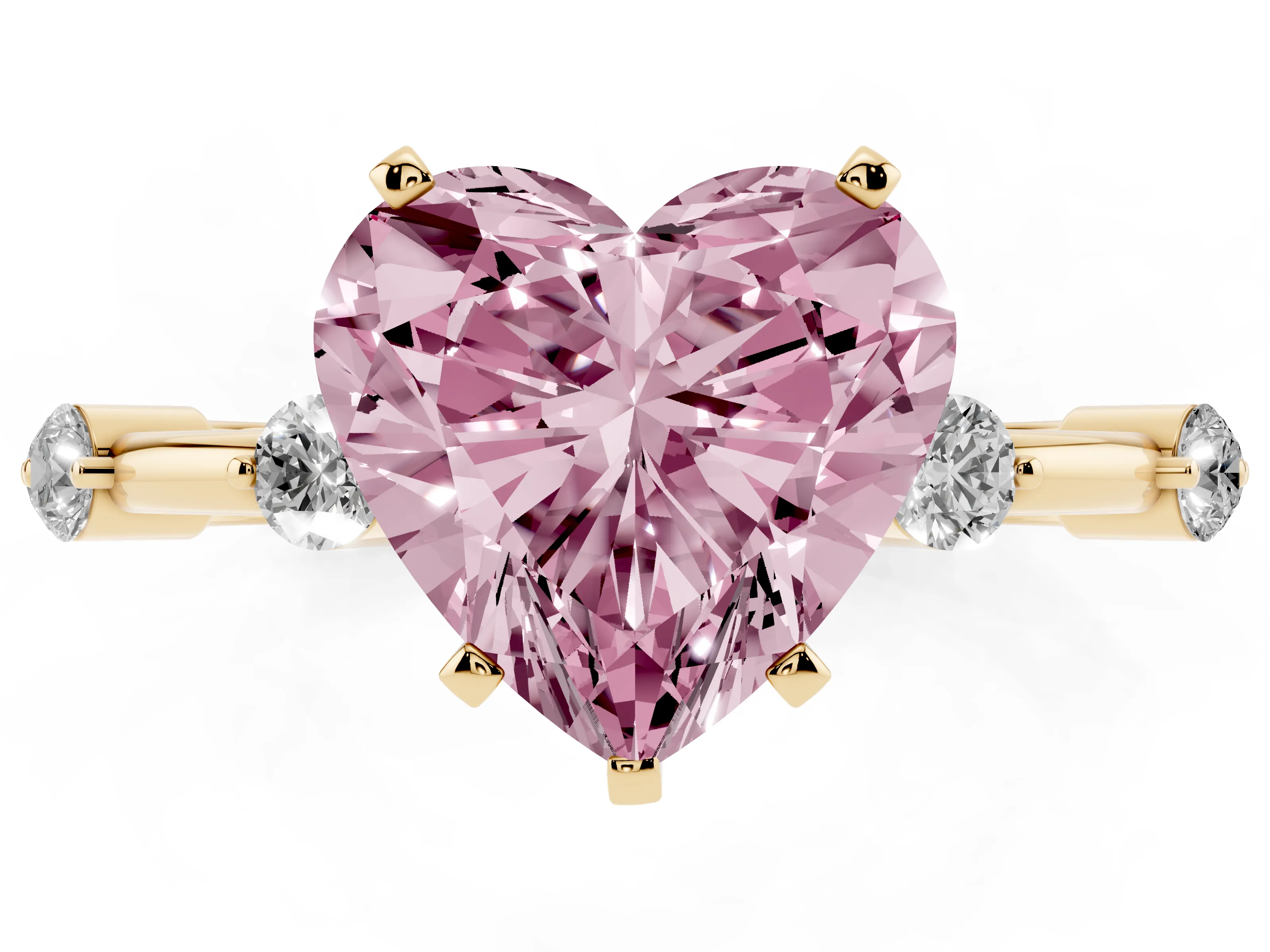Fancy Pink Heart Cut Diamond Solitaire Ring Set in Yellow gold with Bezel Set Side Stones and Prong Setting