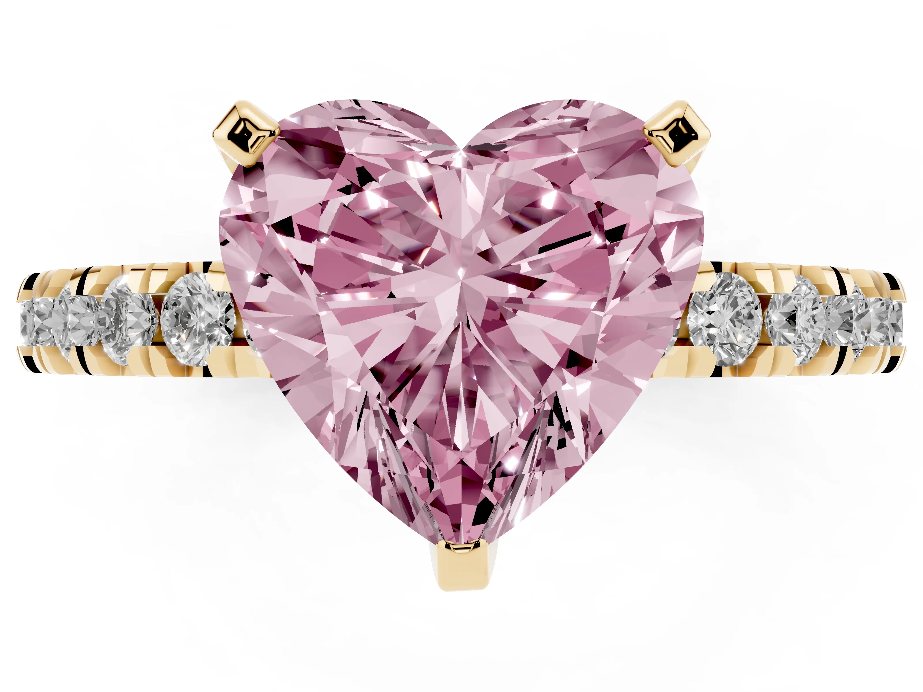 Fancy Pink Heart Cut Diamond Pavé Band Solitaire Set in Yellow gold with Prong Setting