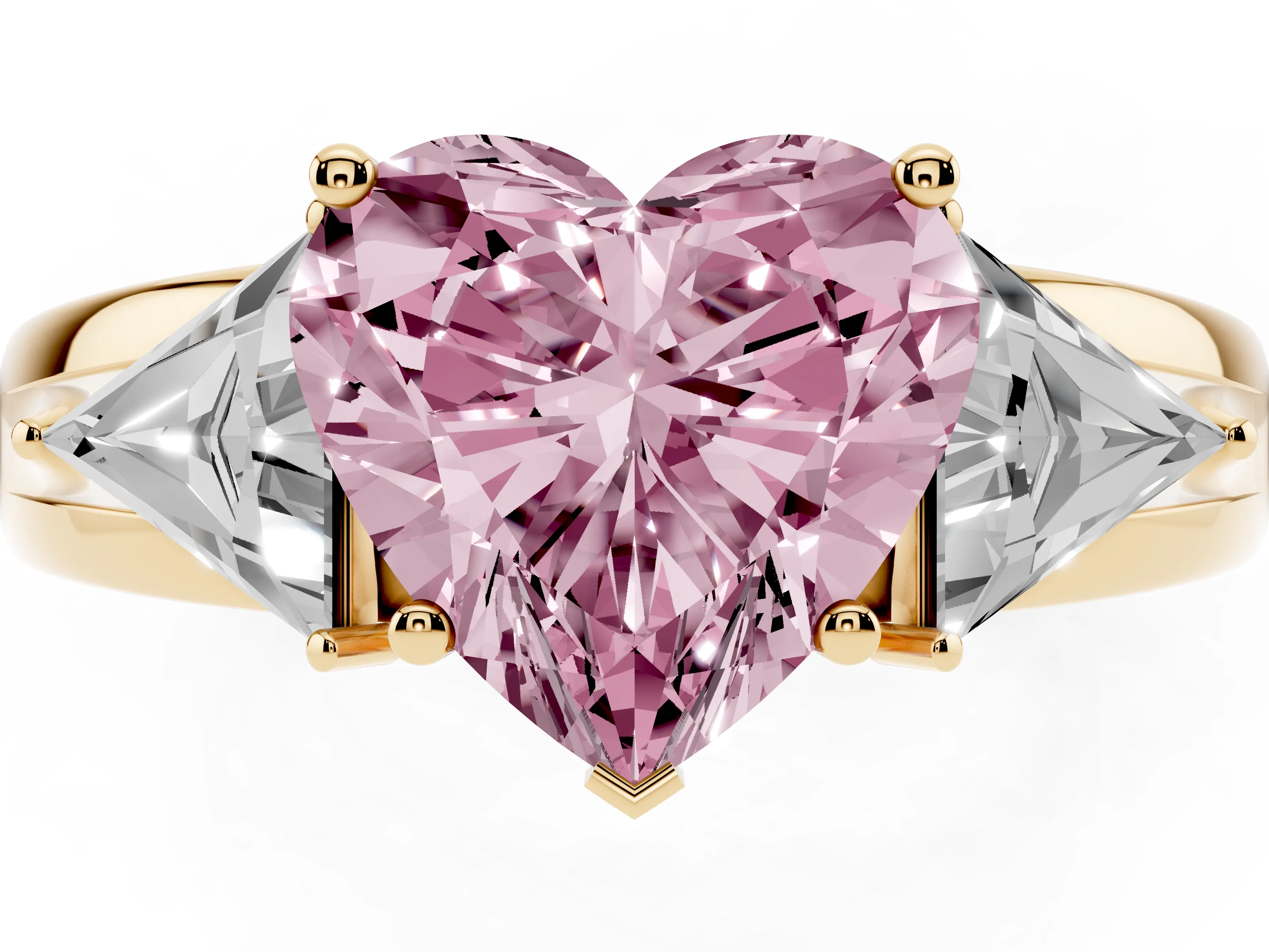 Fancy Pink Heart Cut Diamond Three-Stone Ring Set in Yellow gold with Trillion Side Stones and Split Shank