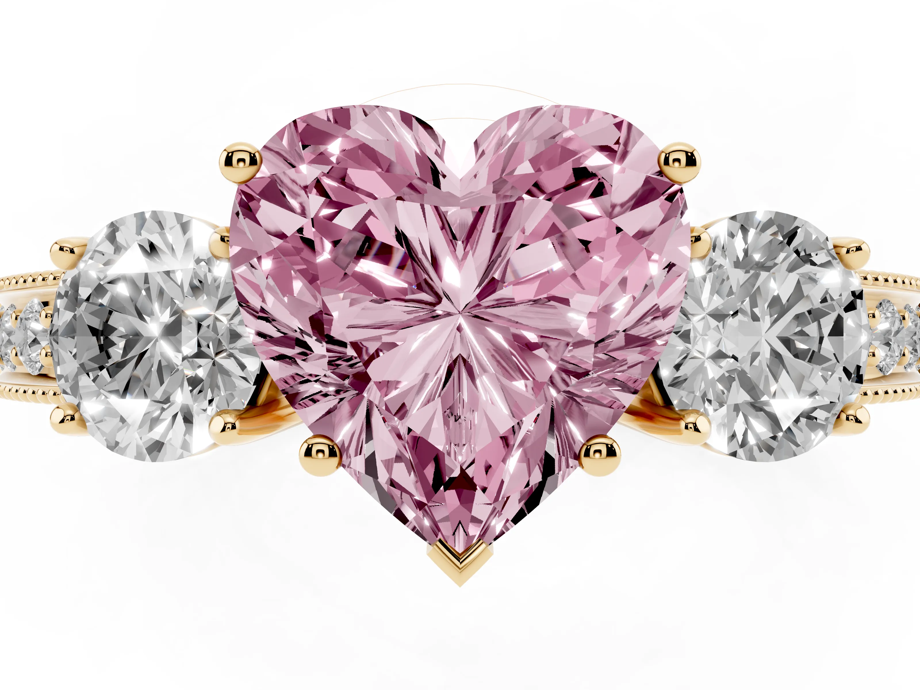 Fancy Pink Heart Cut Diamond Three-Stone Ring Set in Yellow gold with Round Side Stones and Pavé Band