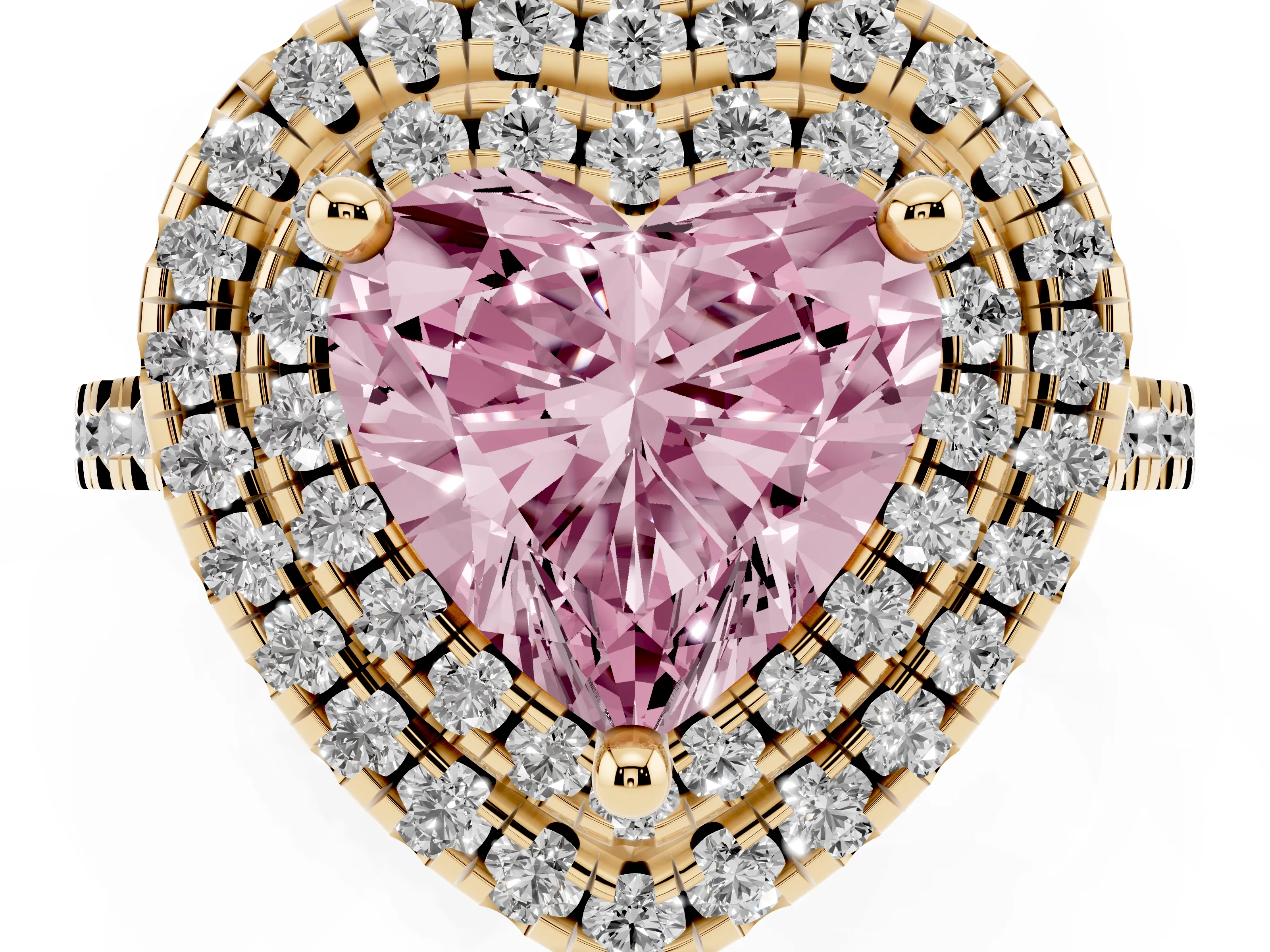 Fancy Pink Heart Cut Diamond Double Halo Statement Ring Set in Yellow gold with Pavé Band
