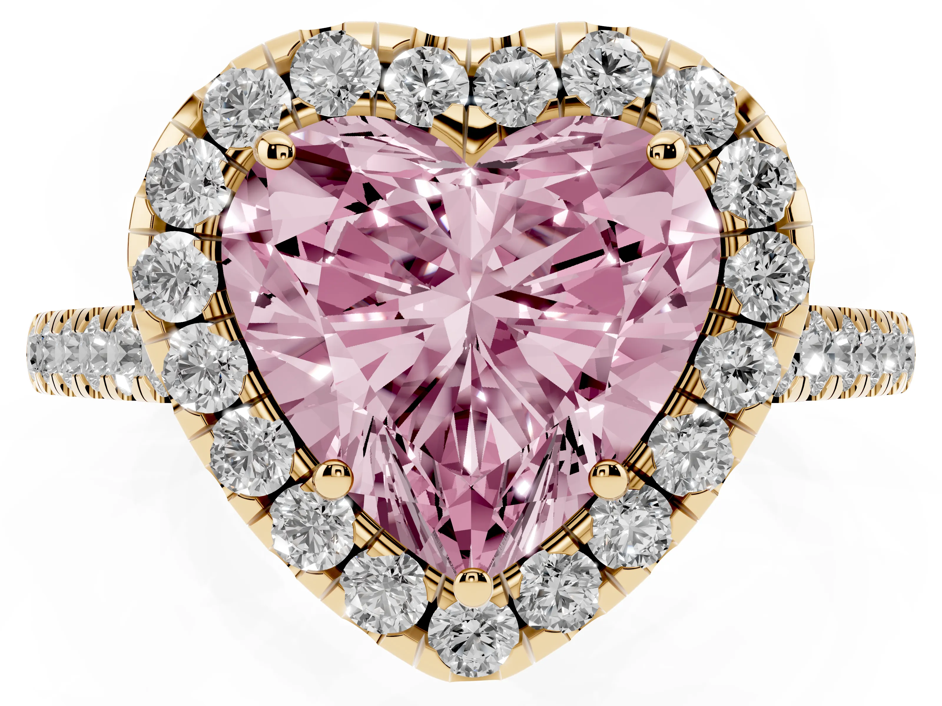 Fancy Pink Heart Cut Diamond Halo Pavé Engagement Ring Set in Yellow gold with Prong Setting