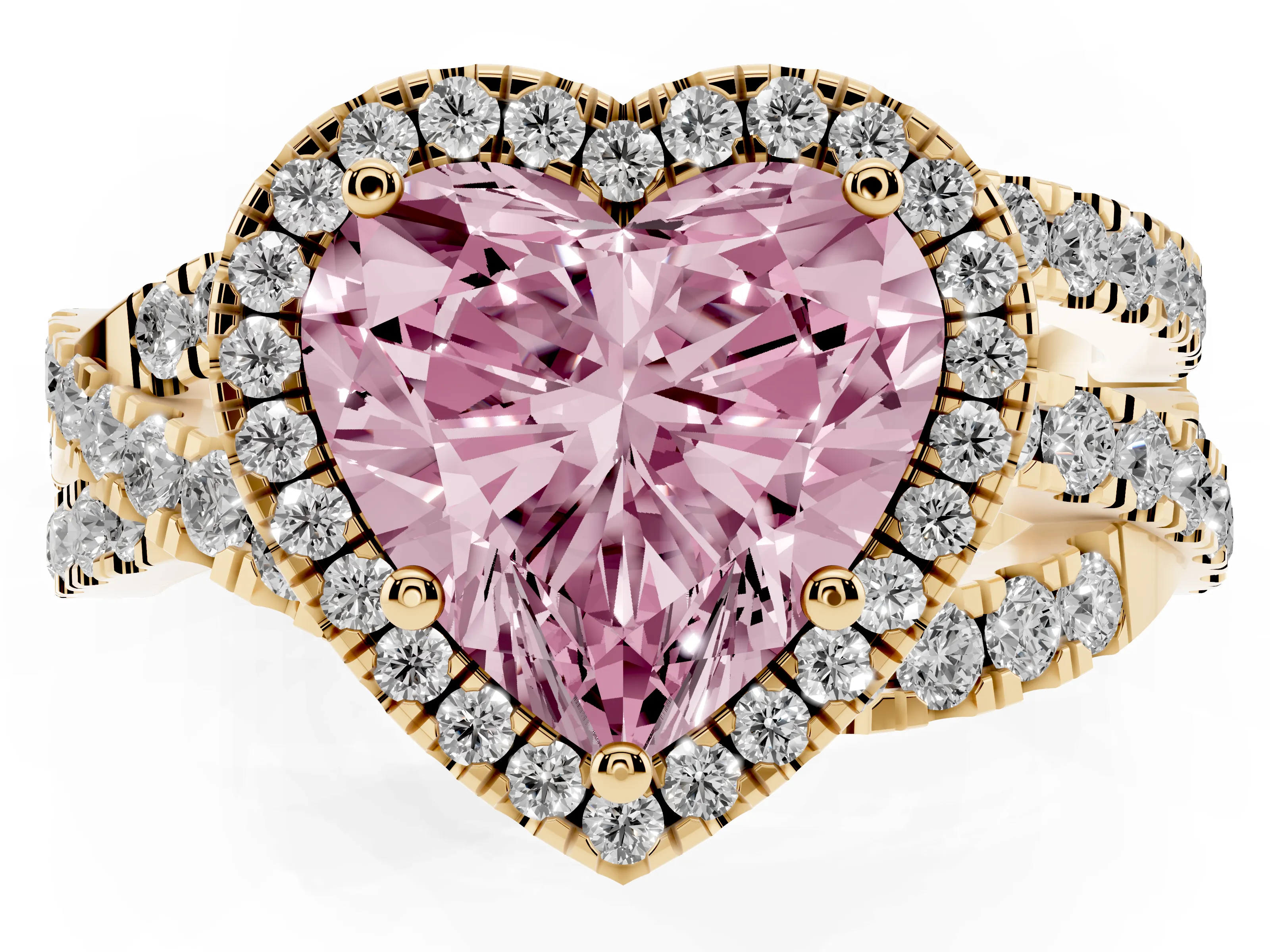 Fancy Pink Heart Cut Diamond Halo Ring Set in Yellow gold with Round Crossover Split Shank and Prong Setting