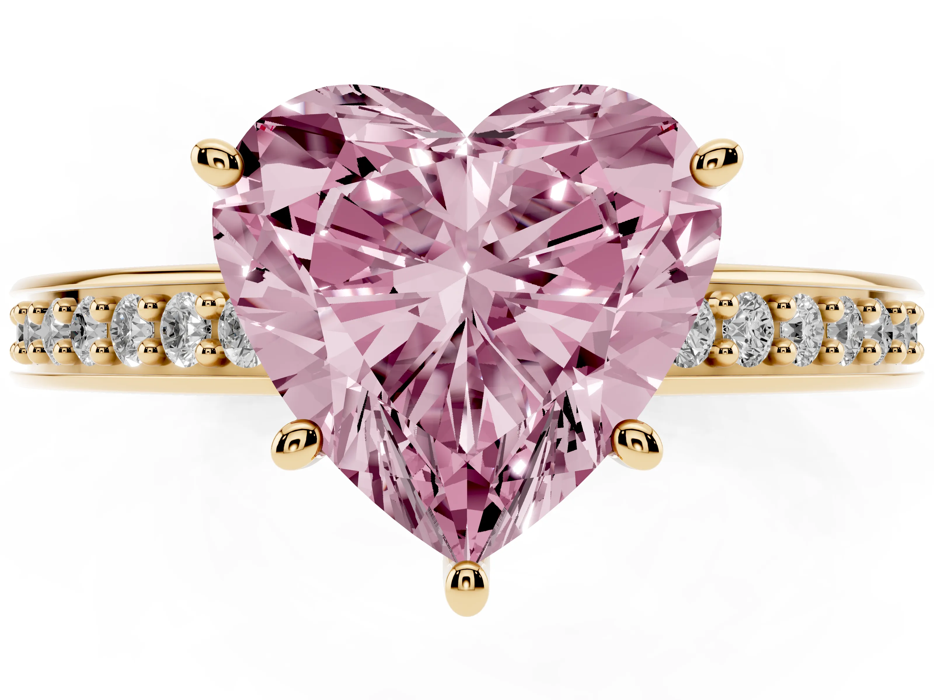 Fancy Pink Heart Cut Diamond Pavé Band Prong Set Solitaire Ring Set in Yellow gold