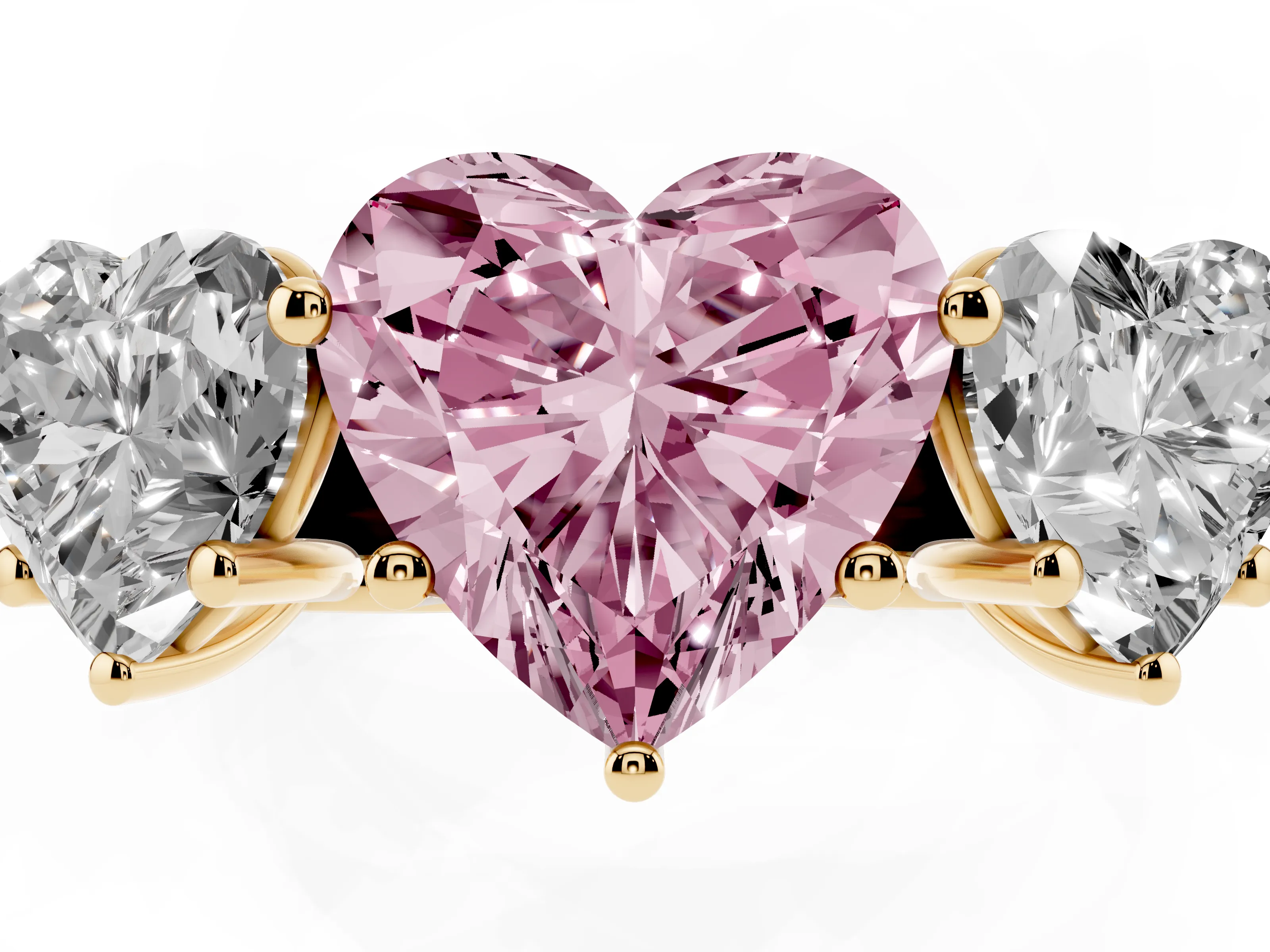 Fancy Pink Heart Cut Diamond Three-Stone Ring Set in Yellow gold with Plain Polished Band