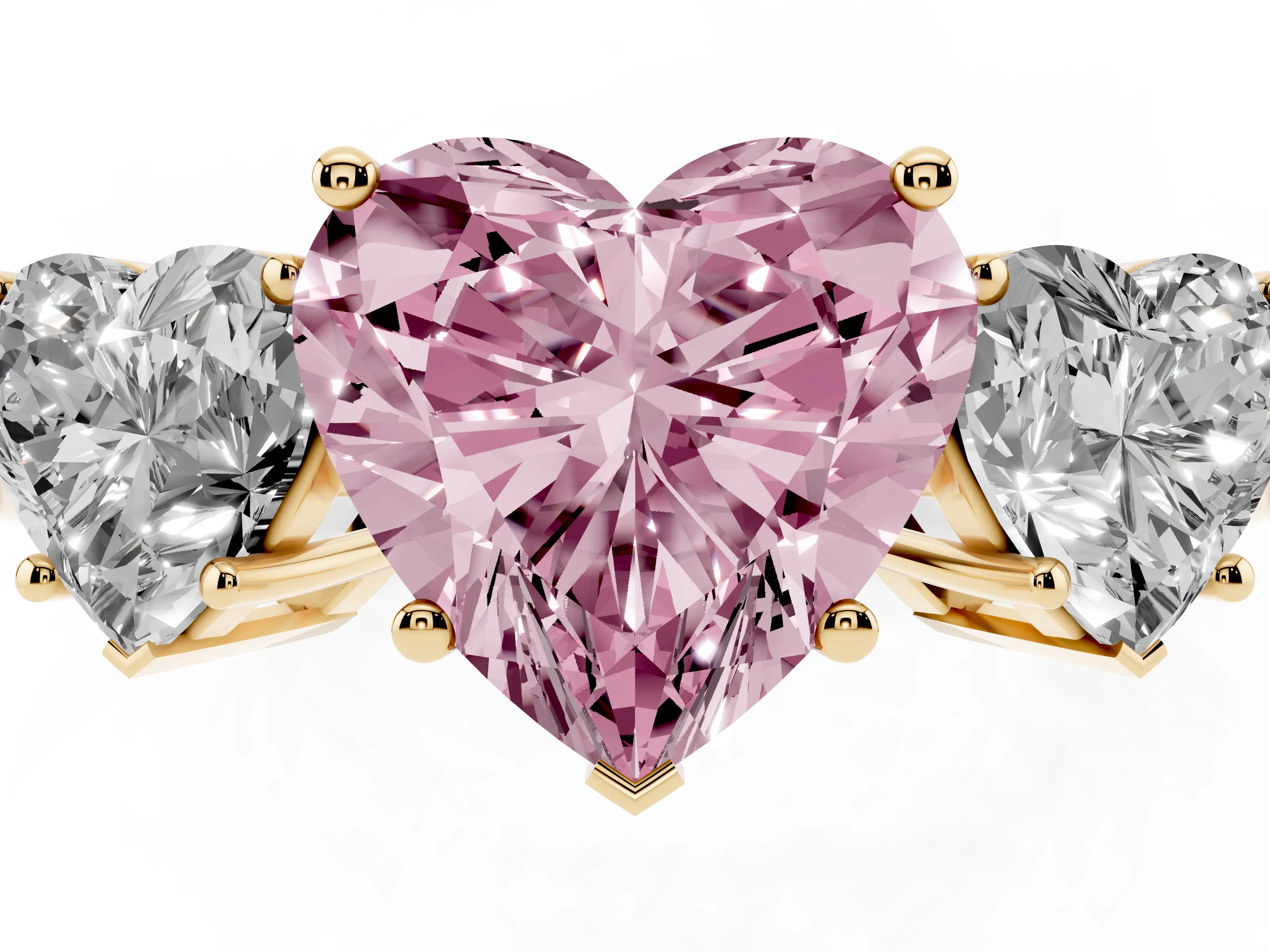 Fancy Pink Heart Cut Diamond Three-Stone Engagement Ring Set in Yellow gold with Flat Band