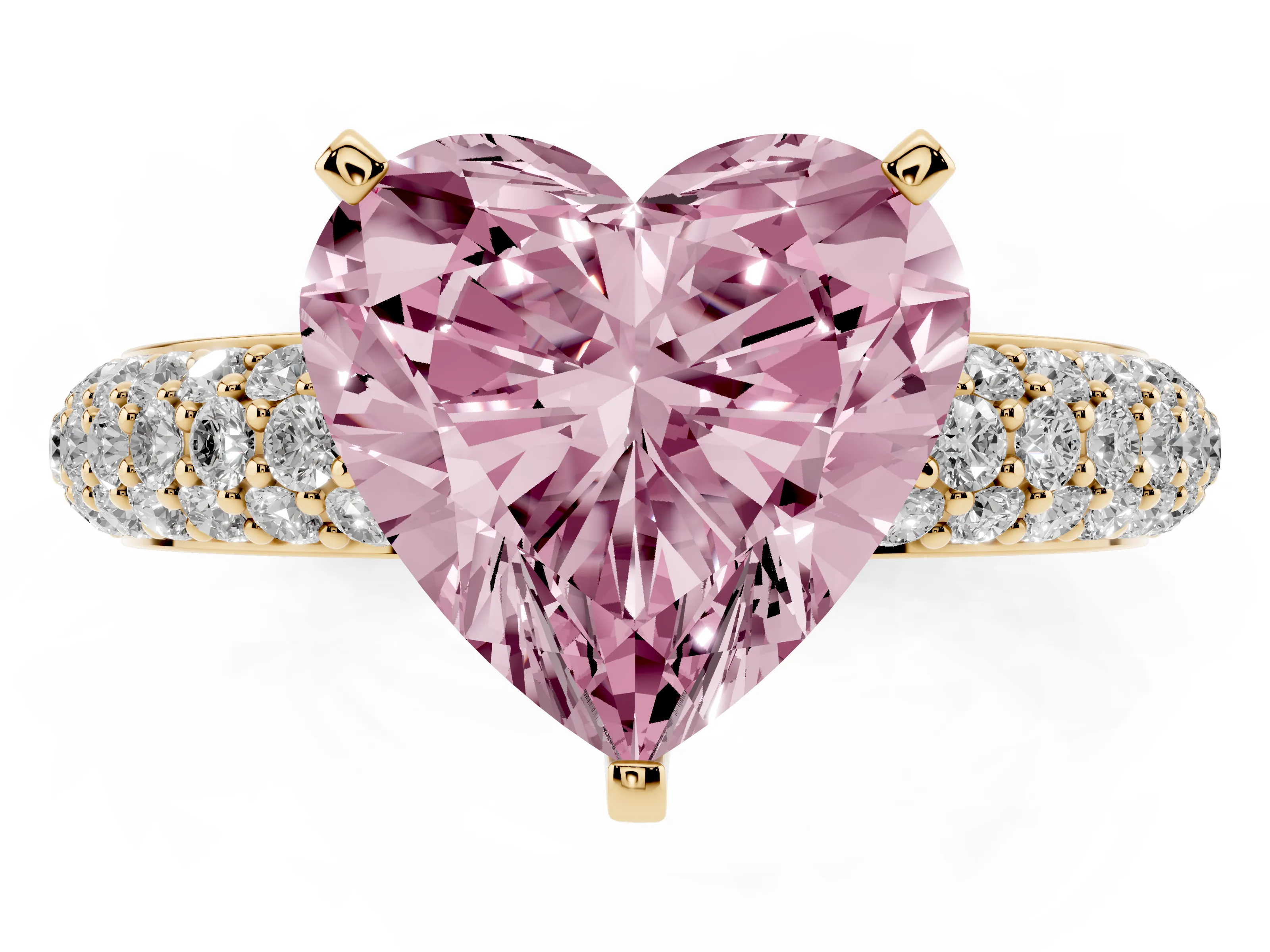 Fancy Pink Heart Cut Diamond Solitaire Ring Set in Yellow gold with Prong Setting and Pavé-Set Band