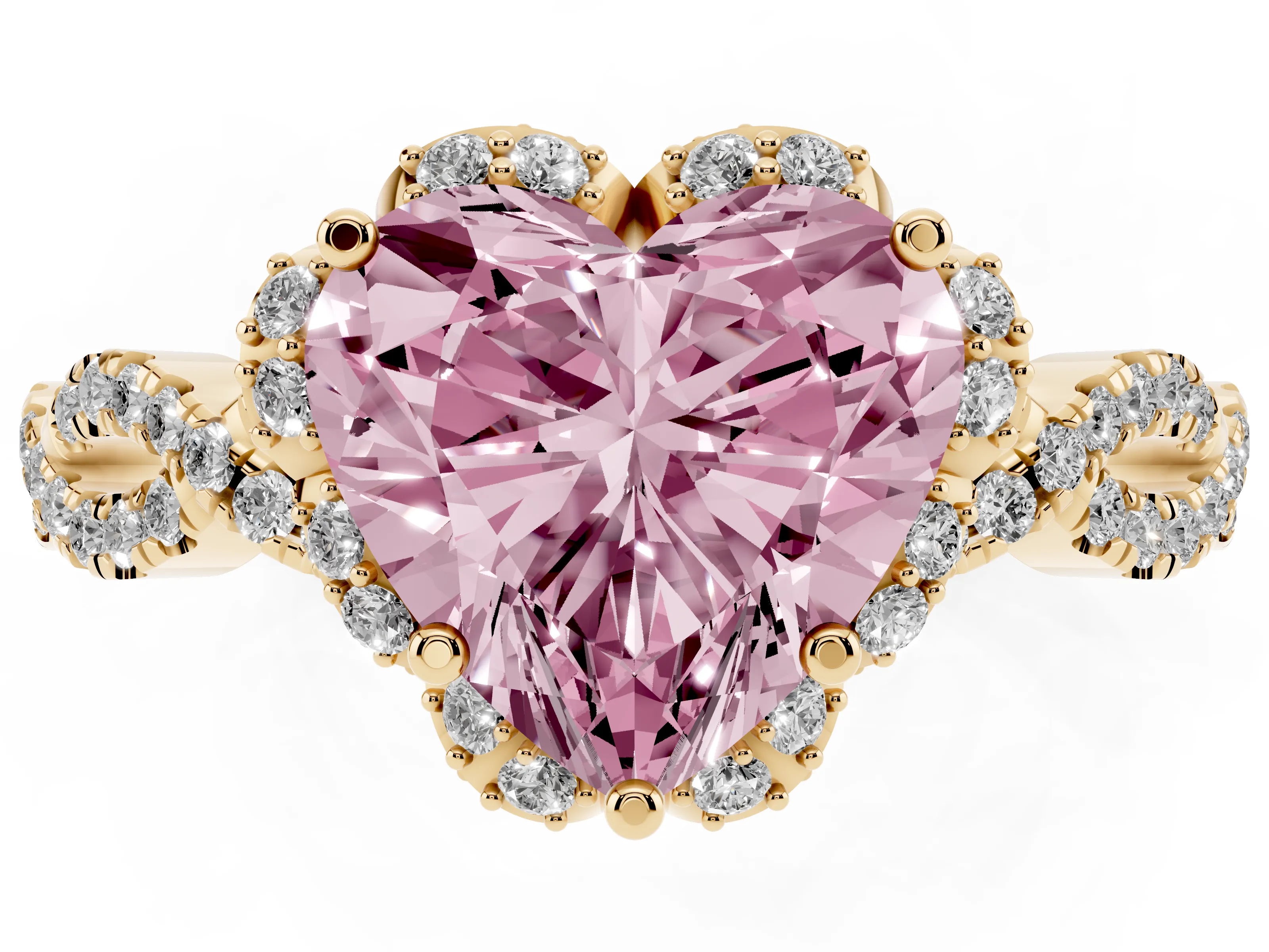 Fancy Pink Heart Cut Diamond Halo Twist Band Solitaire Ring Set in Yellow gold with Prong-Set Center Stone