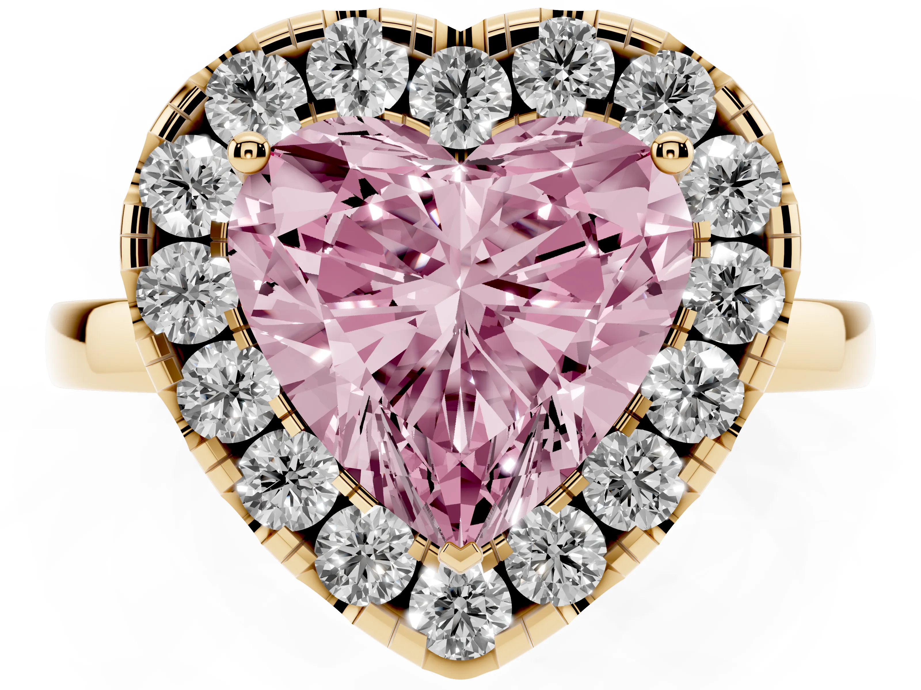 Fancy Pink Heart Cut Diamond Halo Solitaire Ring Set in Yellow gold with Pavé Band and Prong Setting