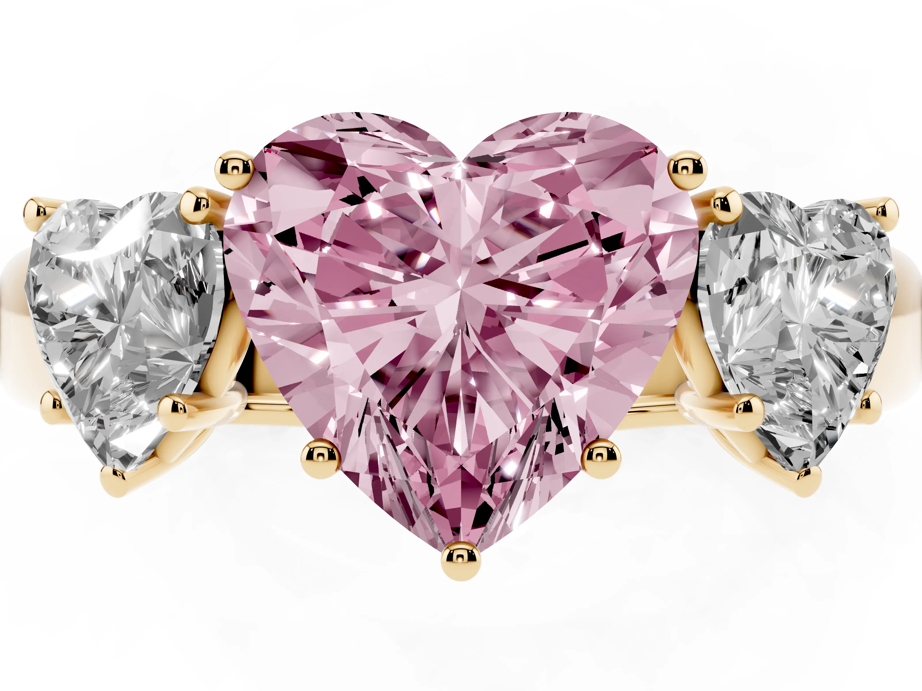 Fancy Pink Three-Stone Heart Cut Diamond Ring Set in Yellow gold with Matching Prong Settings and Plain Band