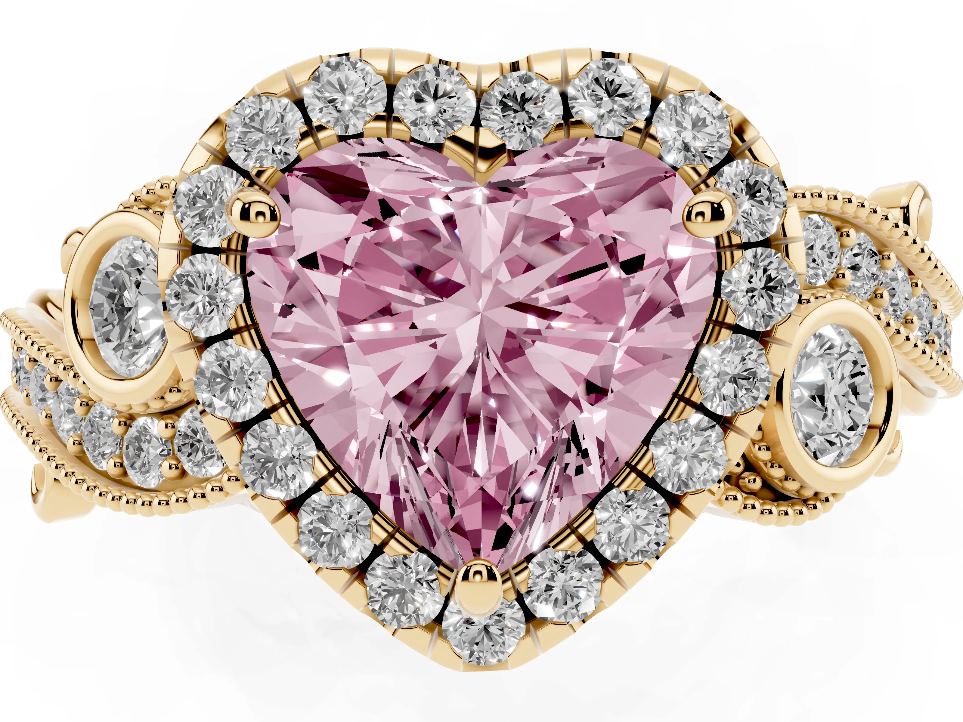 Fancy Pink Heart Cut Diamond Halo Ring Set in Yellow gold with Milgrain Pavé Band and Prong Setting