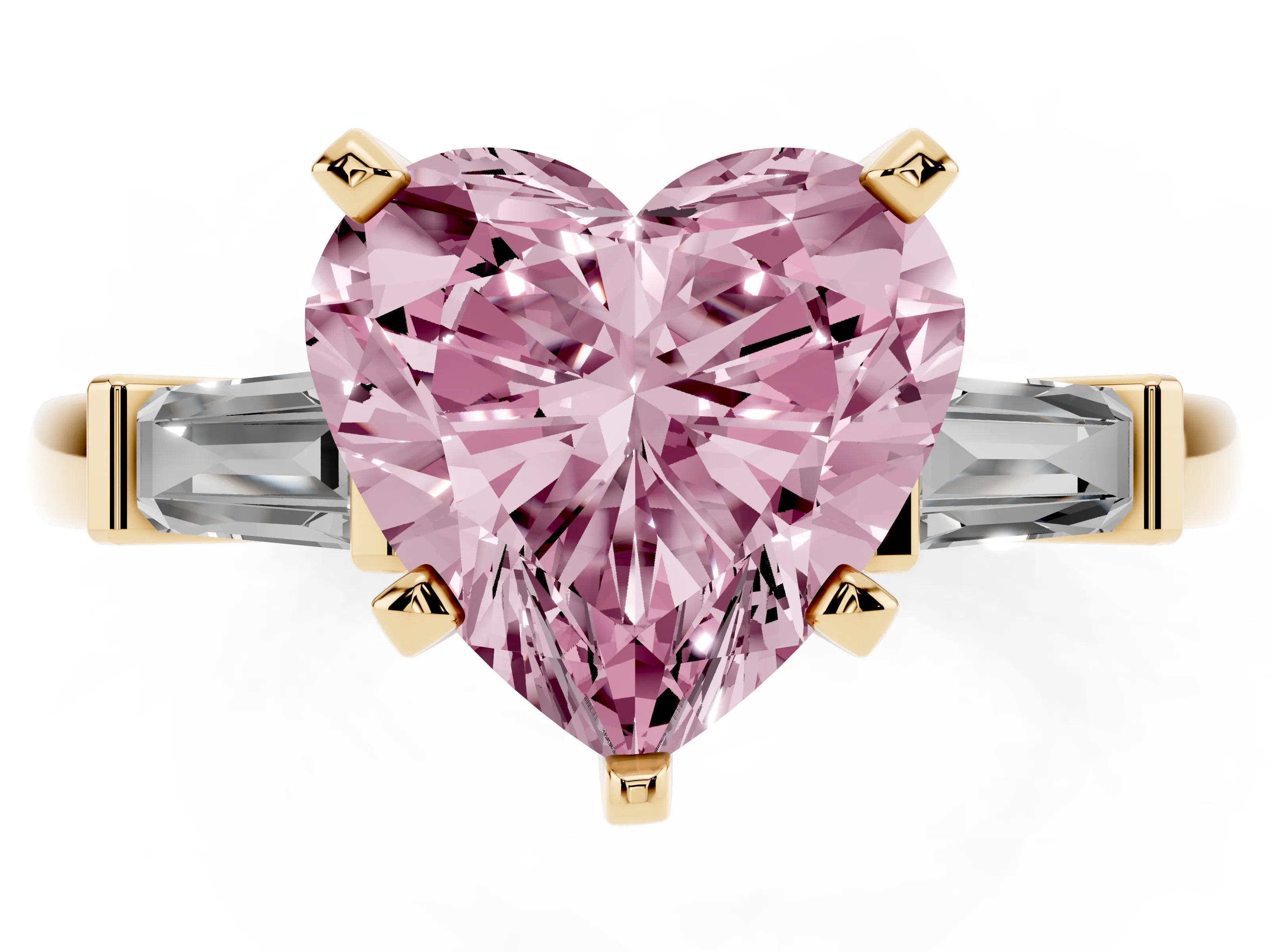 Fancy Pink Heart Cut Diamond Solitaire Ring Set in Yellow gold with Tapered Baguette Accents and Prong Setting