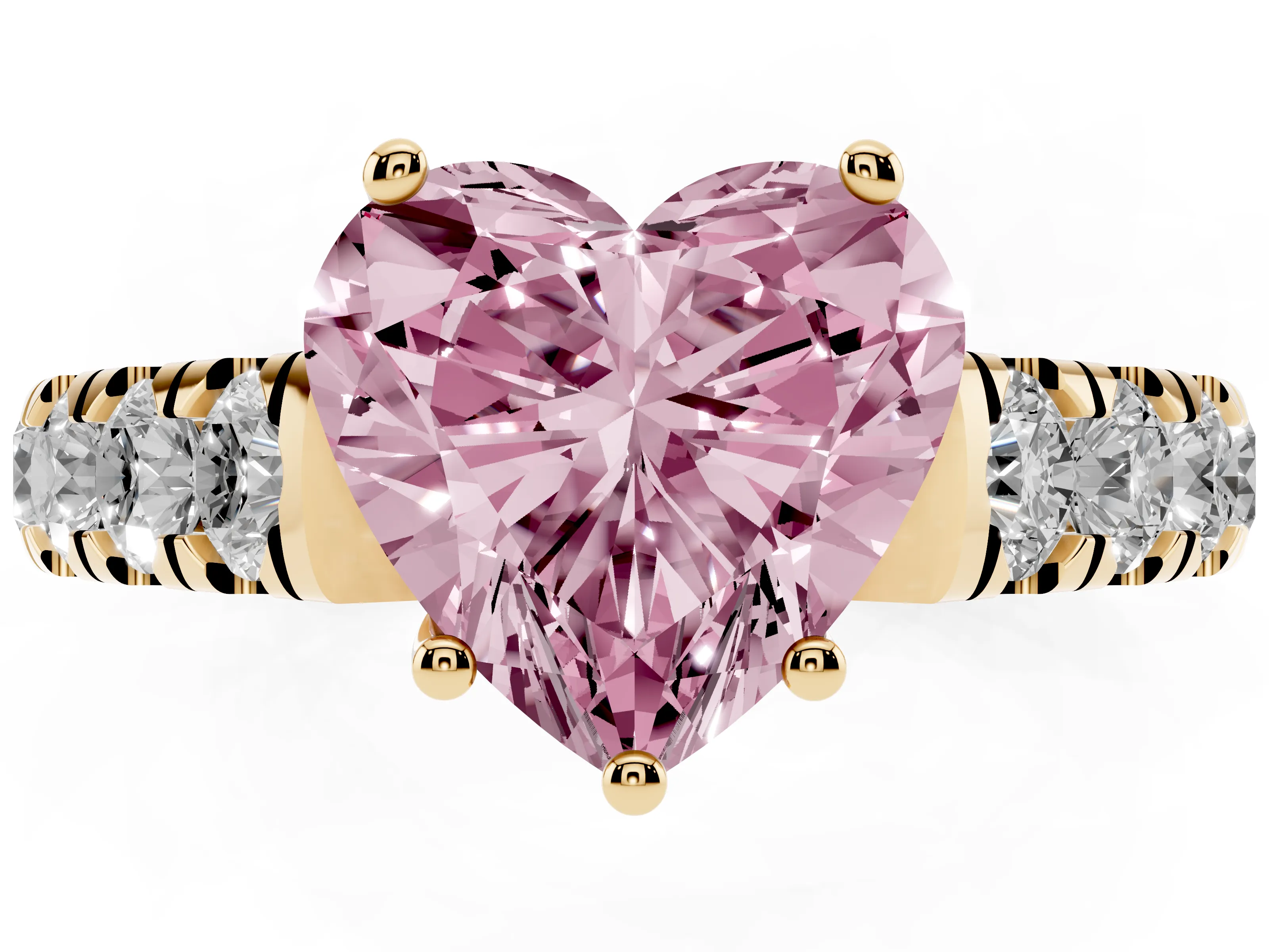Fancy Pink Heart Cut Diamond Solitaire Ring Set in Yellow gold with Cut-Down Micro Pavé Band and Prong Setting
