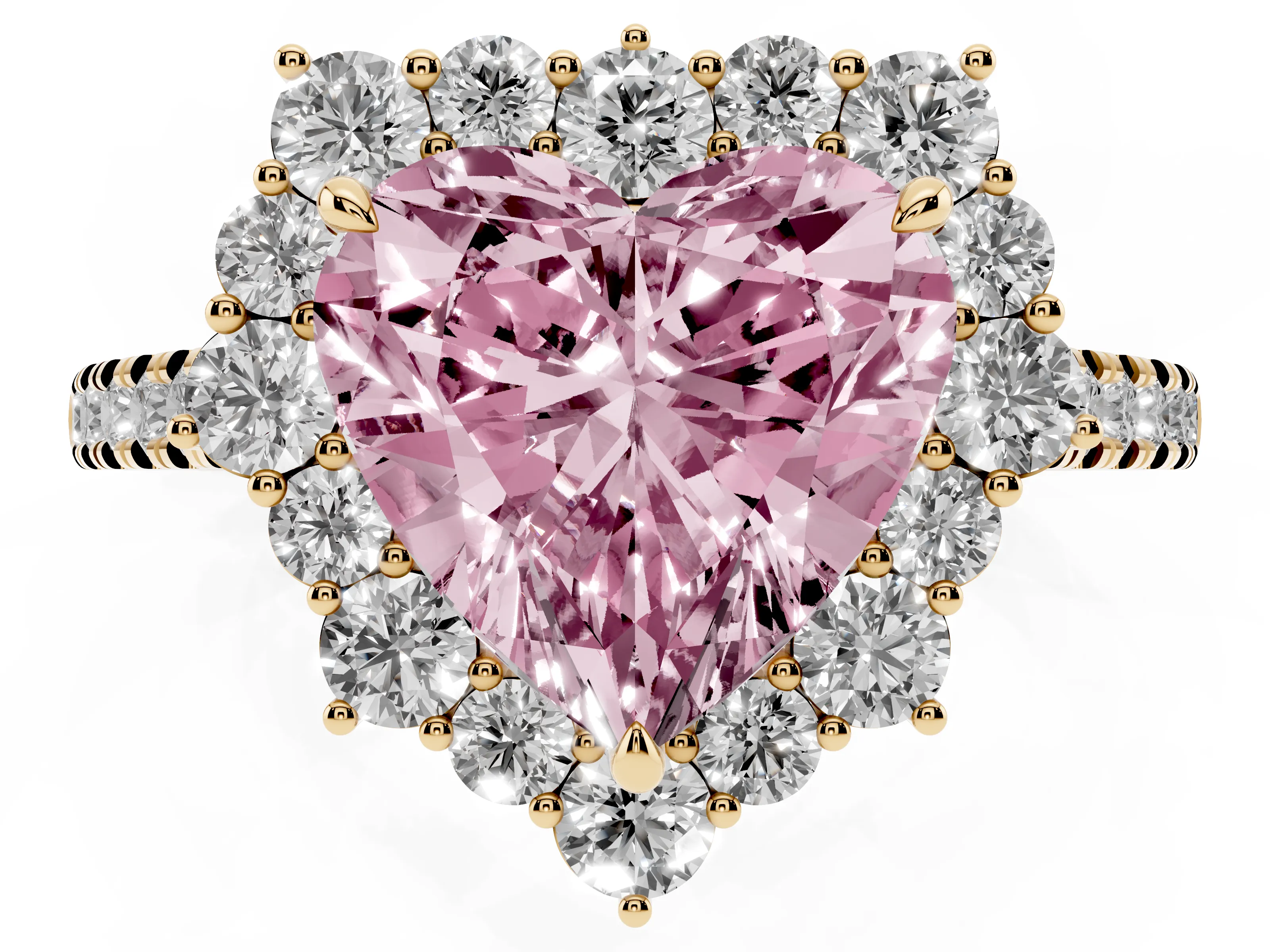Fancy Pink Heart Cut Diamond Halo Ring Set in Yellow gold with Pavé Band and Prong Setting